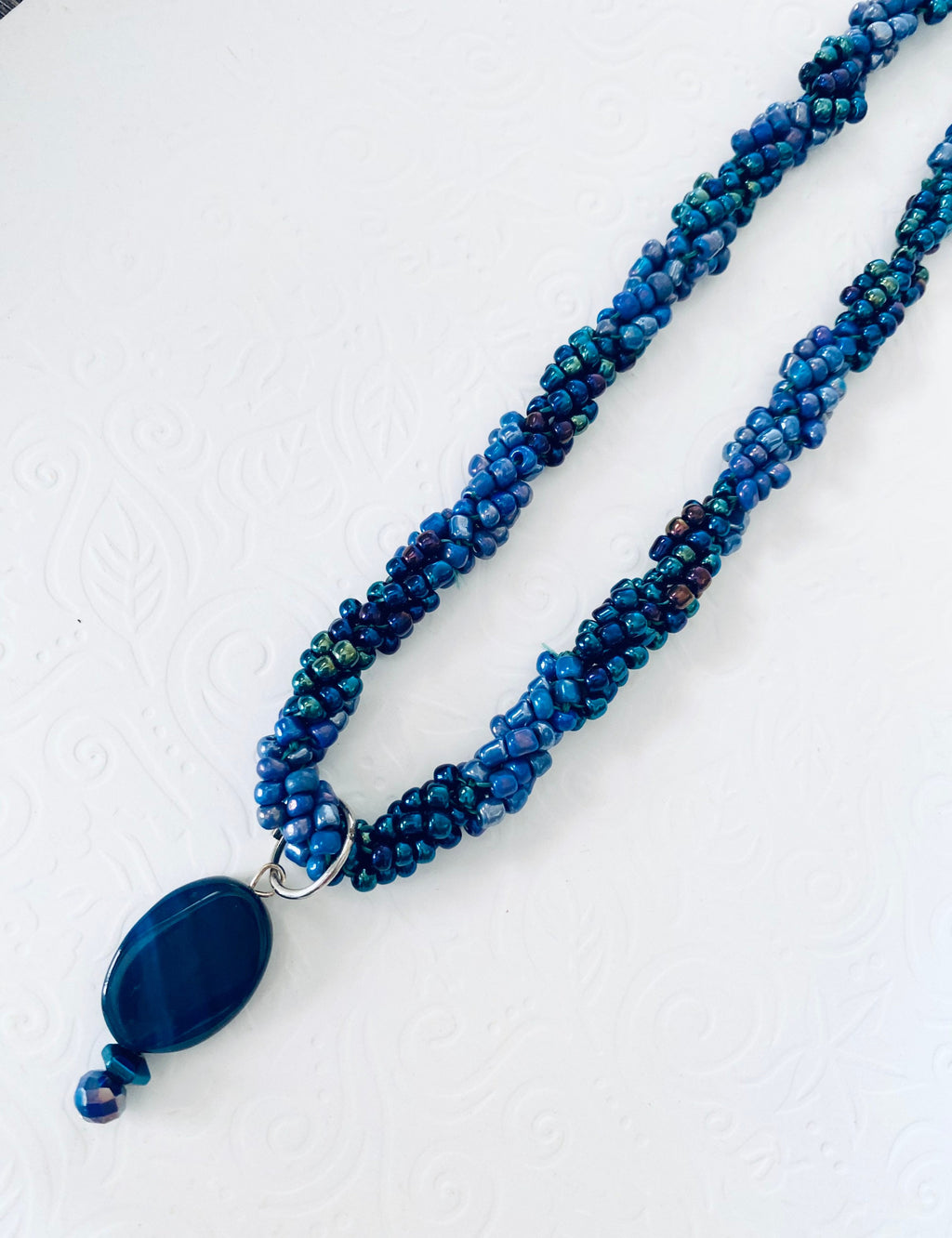 Iridescent Blue Beaded Spiral Necklace, Handmade Elegant Pendant