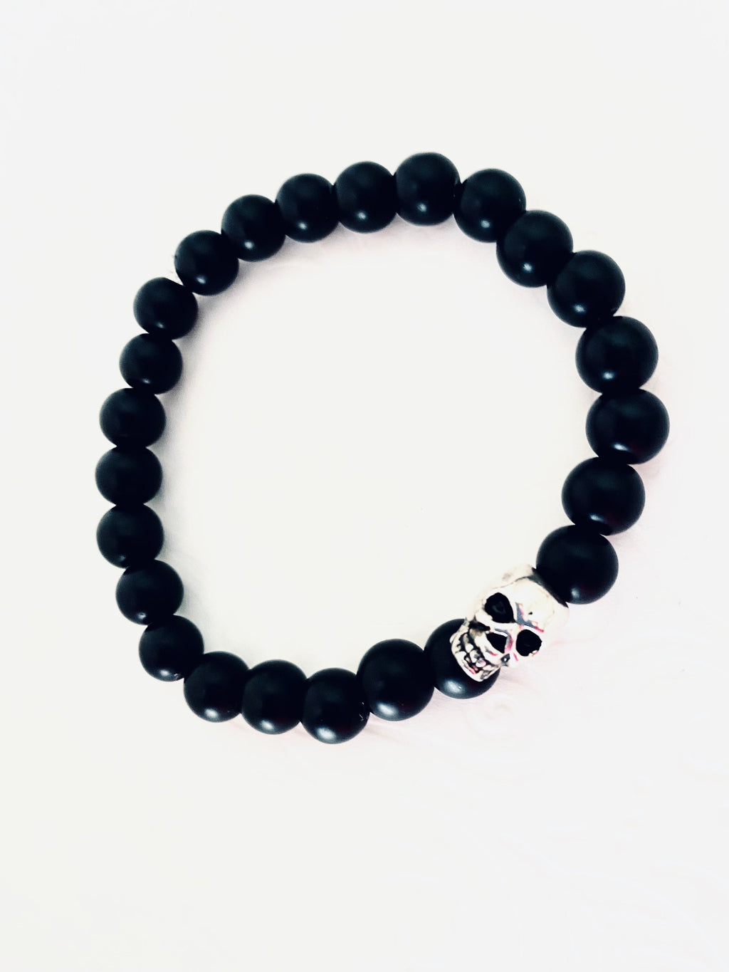 Day of the Dead, Onyx Bracelet, silver skeleton, matte onyx bracelet, unisex stretch bracelet, Gemstone with meaning, great gifts