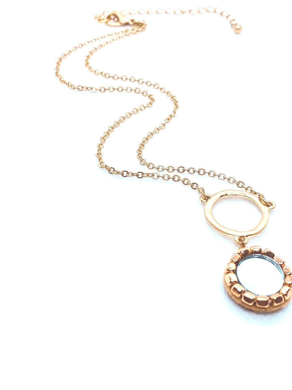 Matte Gold Plated Mirror Pendant Necklace, Beaded Design