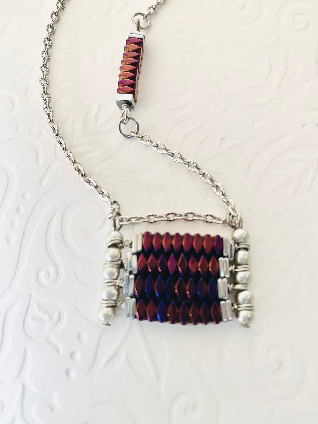 Burgundy Beaded Pendant Necklace, Silver Plated Chain, Festive Jewelry