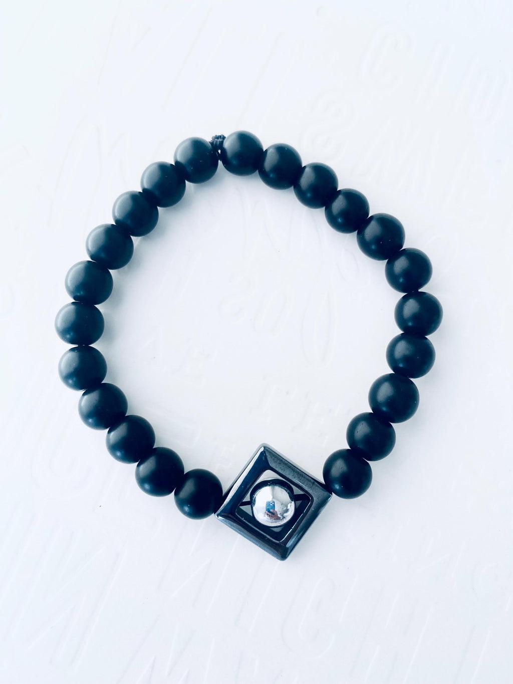 Onyx Gemstone Bracelet, Hematite Triangle Focal, Unisex Stretch