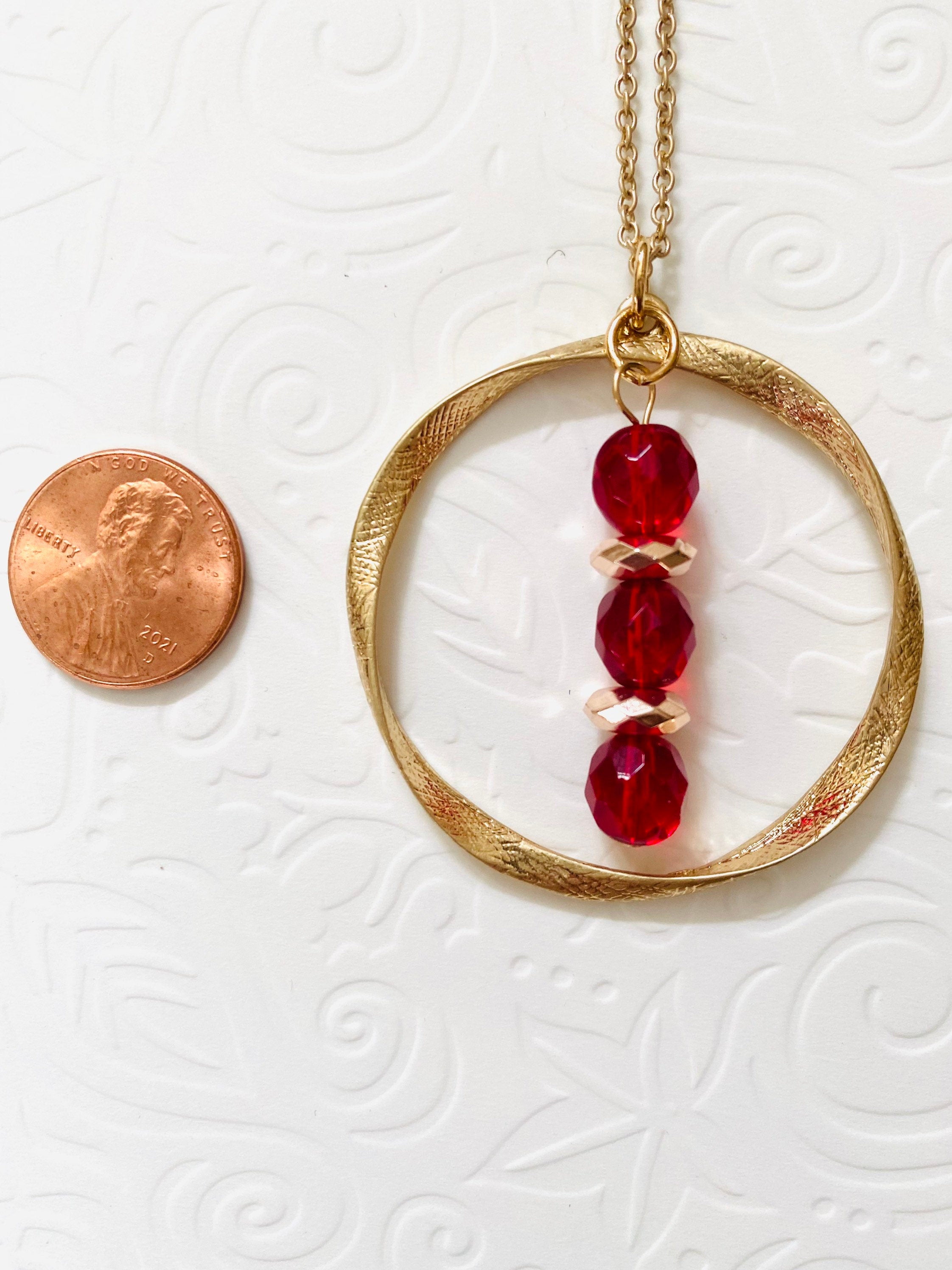 Red Crystal Gold Pendant Necklace, Circular Charm, 30 Inch Chain