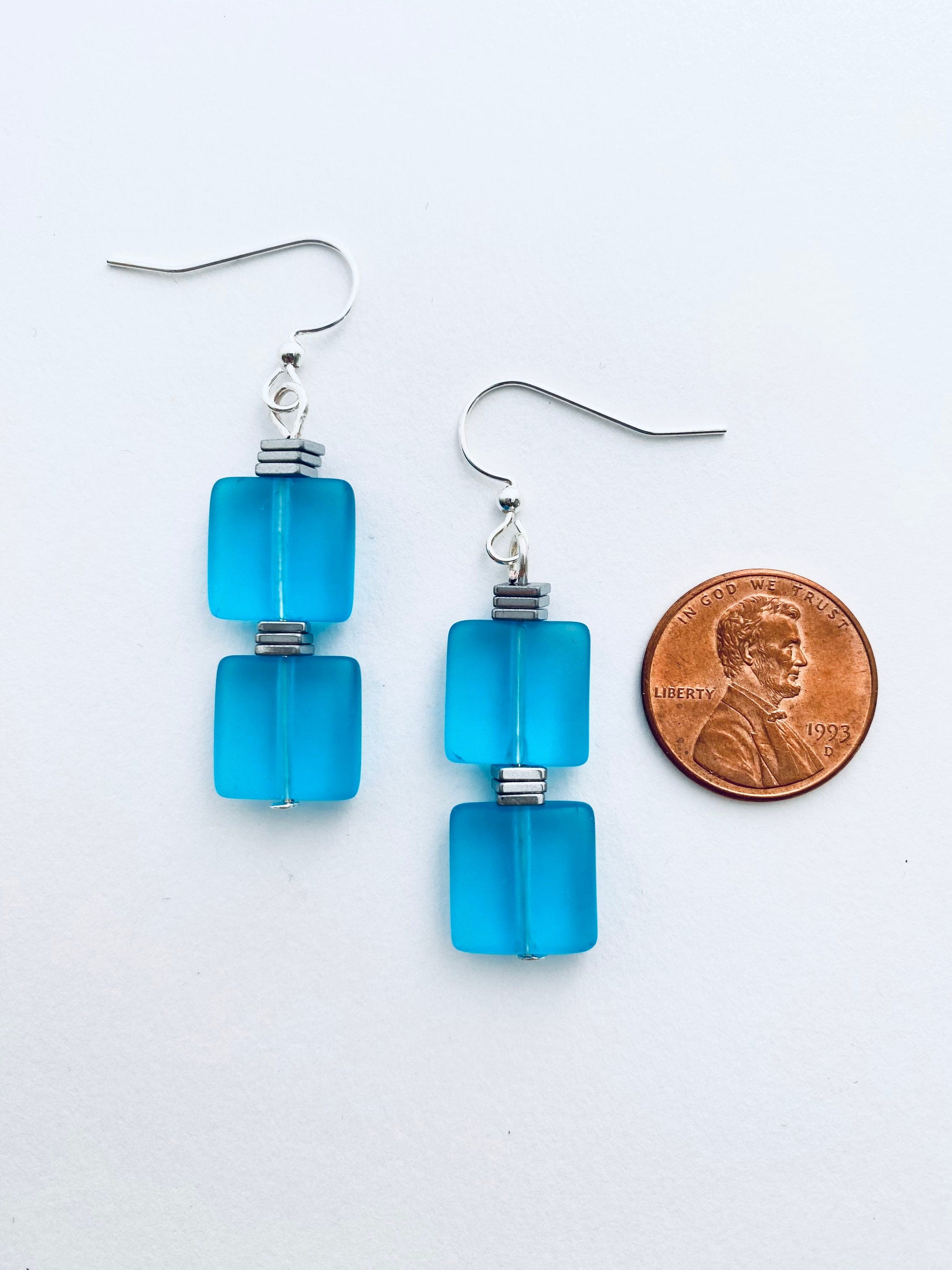 Blue Sea Glass Earrings, Silver Accents, Sleek Square Drop