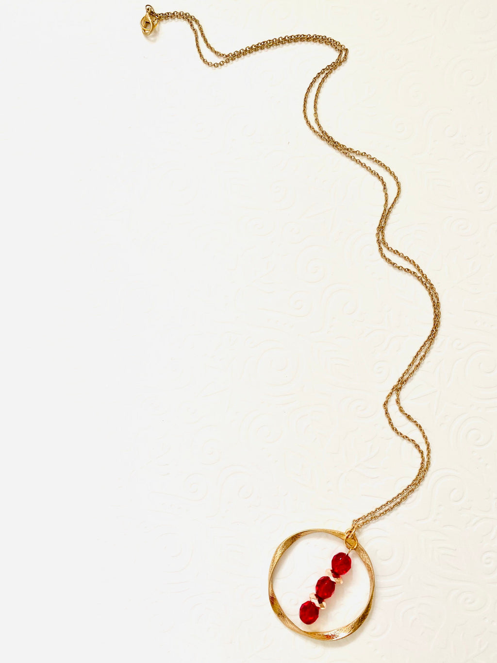 Red Crystal Gold Pendant Necklace, Circular Charm, 30 Inch Chain