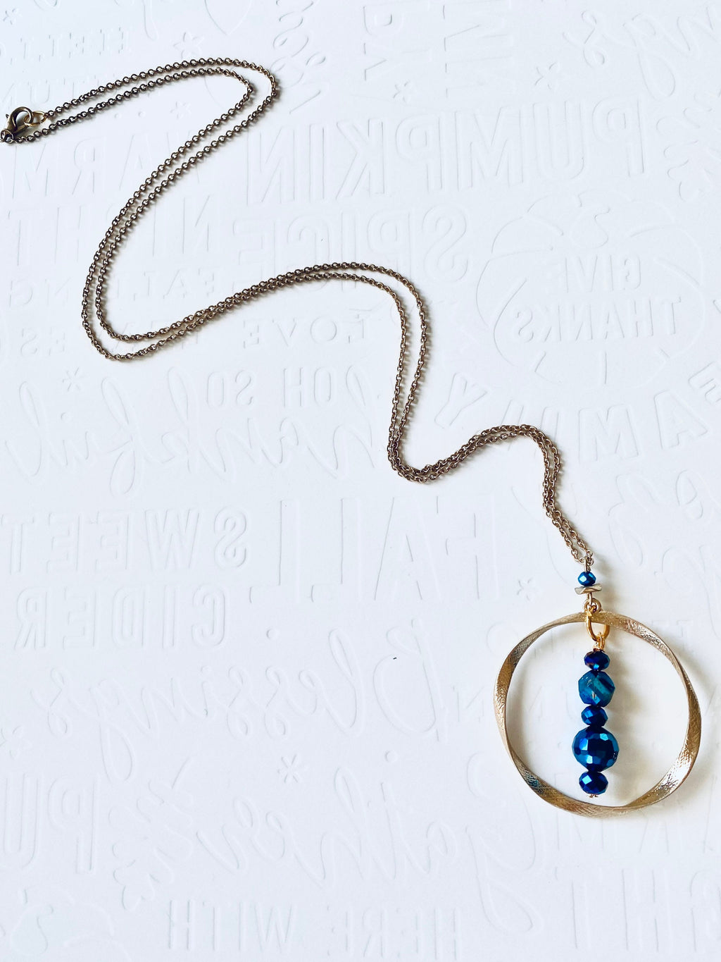Royal Blue Crystal Pendant Necklace, Gold Plated Circular Necklace, 30 Inch