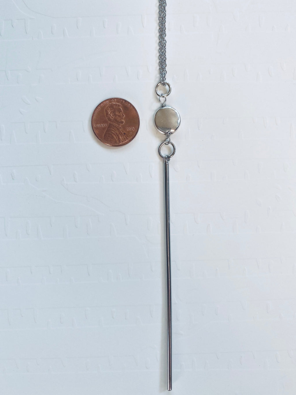 Silver Bar Pendant Necklace, Long Cable Chain, Bead Accent