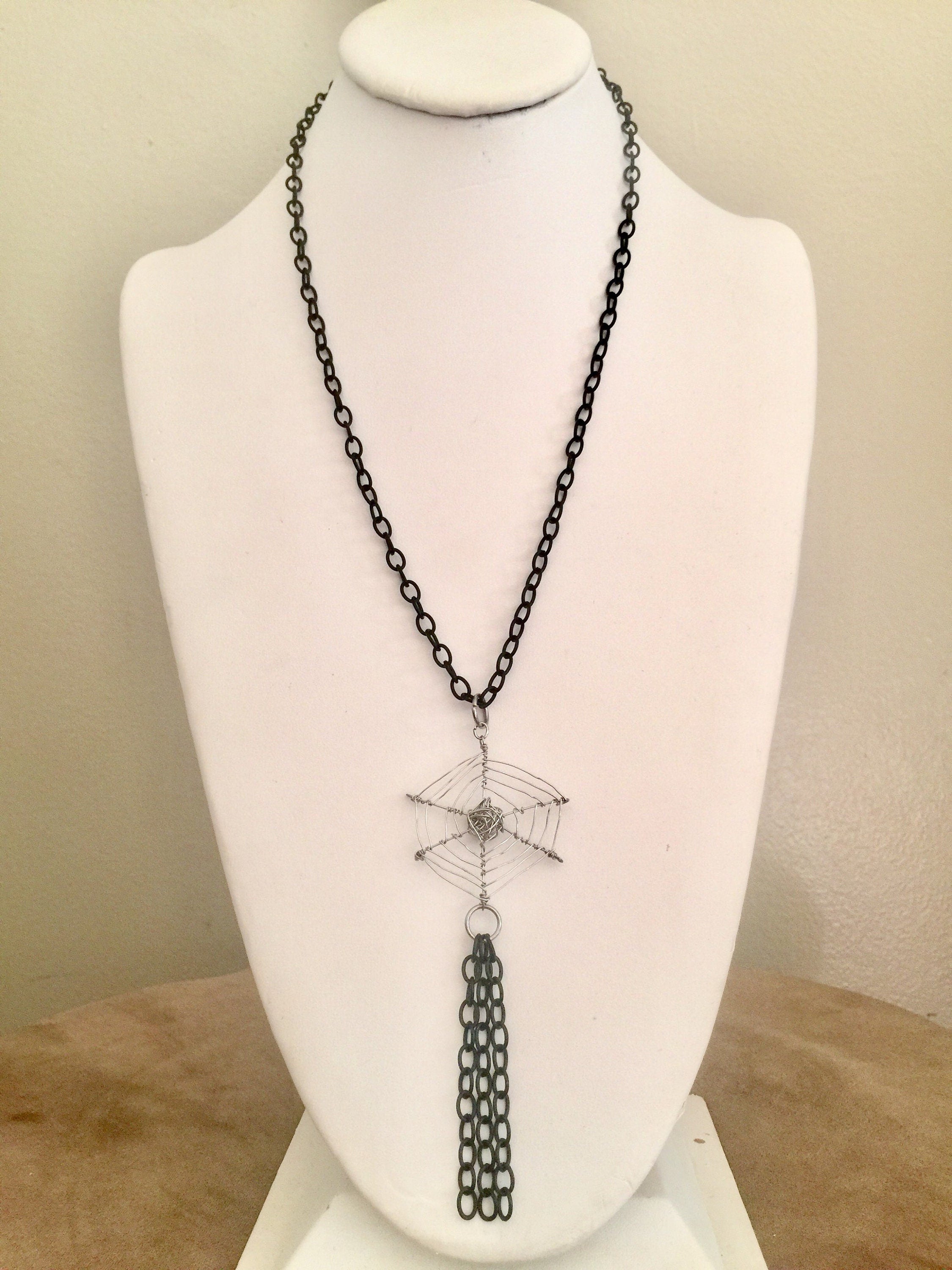 Halloween Spider Web Necklace, Silver Plated, Black Cable Chain
