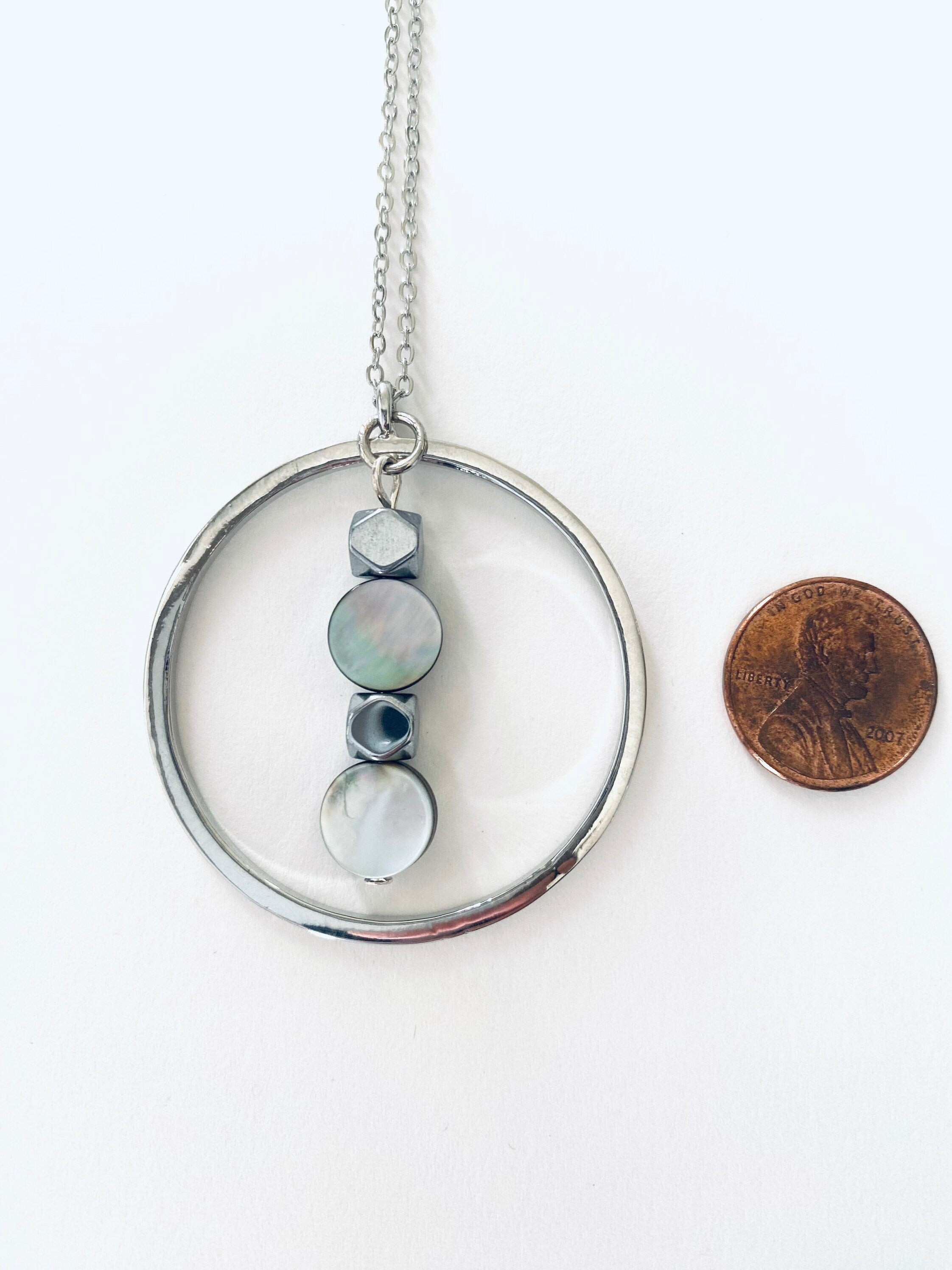 Iridescent Pearl Glass Pendant Necklace, Circular Silver Necklace, 30 inch