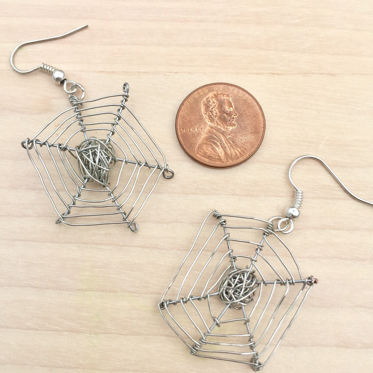 Silver Plated Wire Spider Web Earrings, Halloween Jewelry