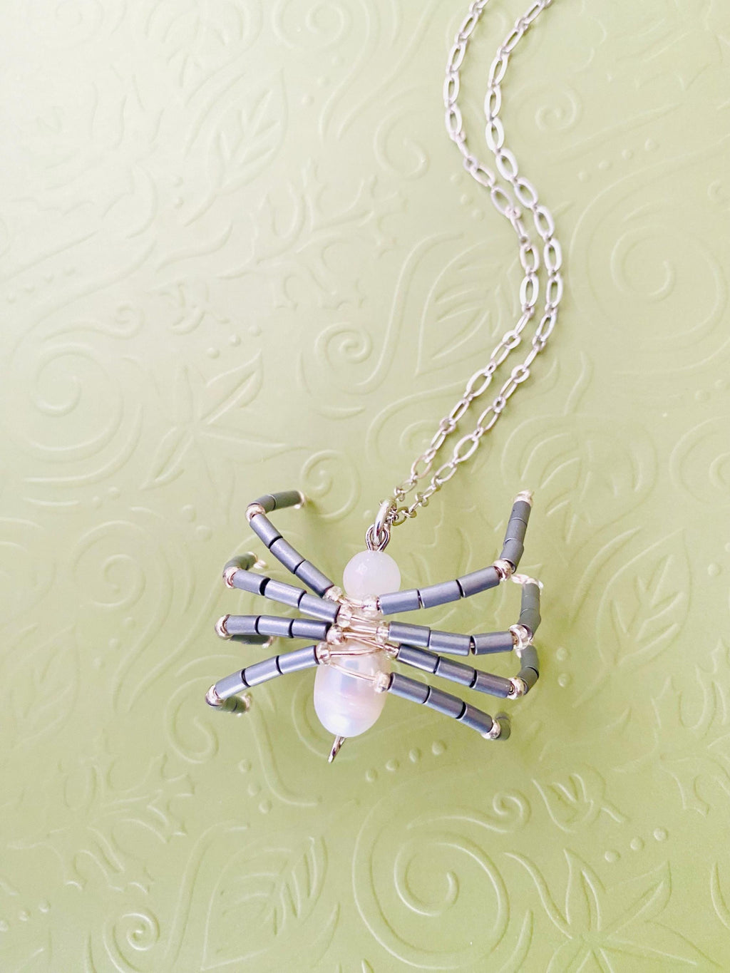 Beaded Spider Necklace, Pearl Pendant, Halloween Jewelry