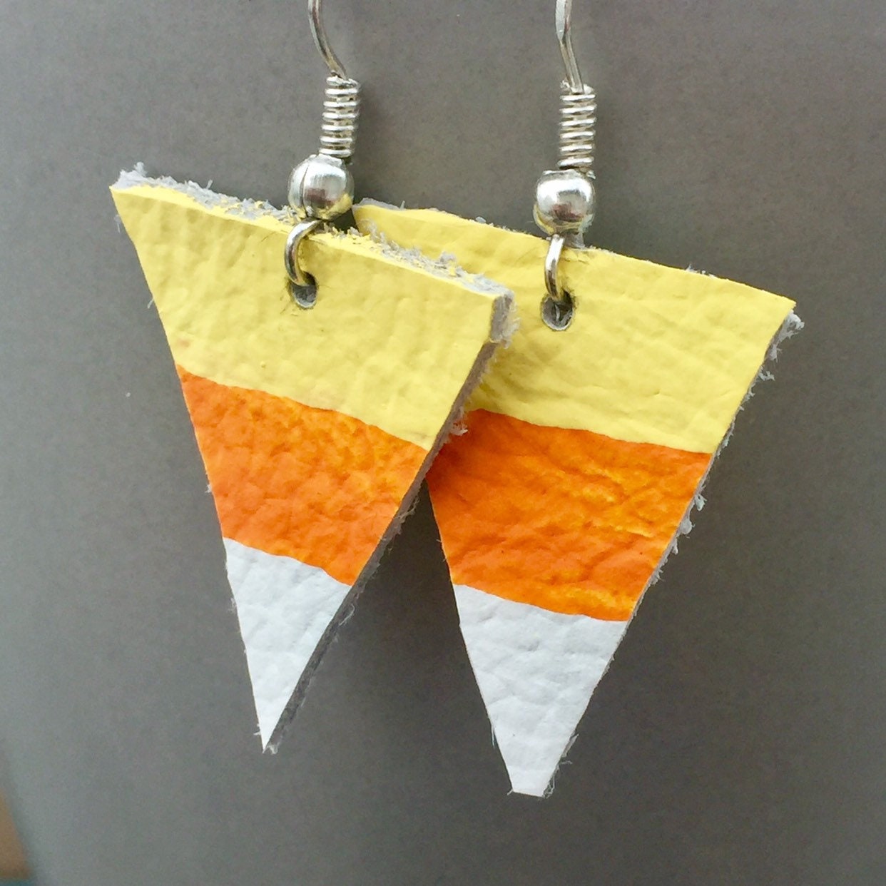 Candy Corn Leather Earrings, Hand-Painted Halloween Jewelry