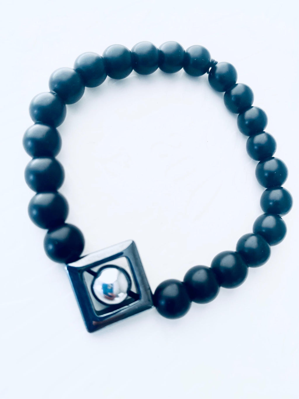 Onyx Gemstone Bracelet, Hematite Triangle Focal, Unisex Stretch