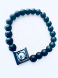 Onyx Gemstone Bracelet, Hematite Triangle Focal, Unisex Stretch
