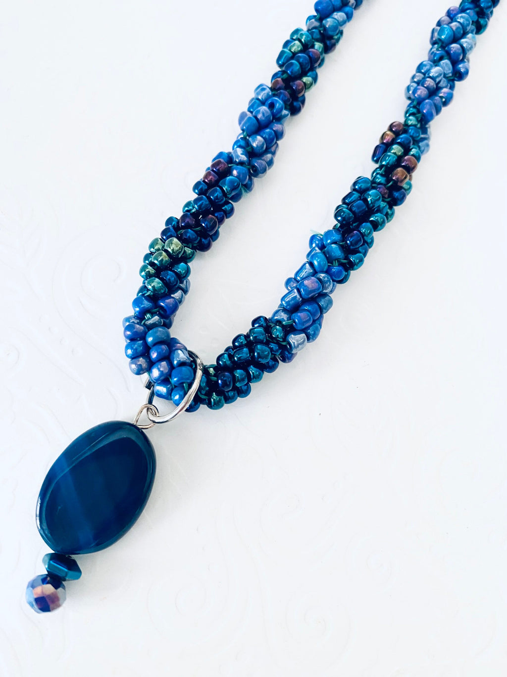 Iridescent Blue Beaded Spiral Necklace, Handmade Elegant Pendant