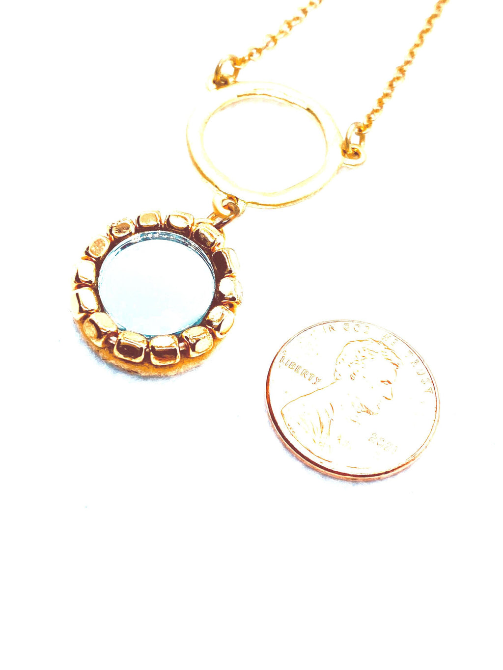 Matte Gold Plated Mirror Pendant Necklace, Beaded Design