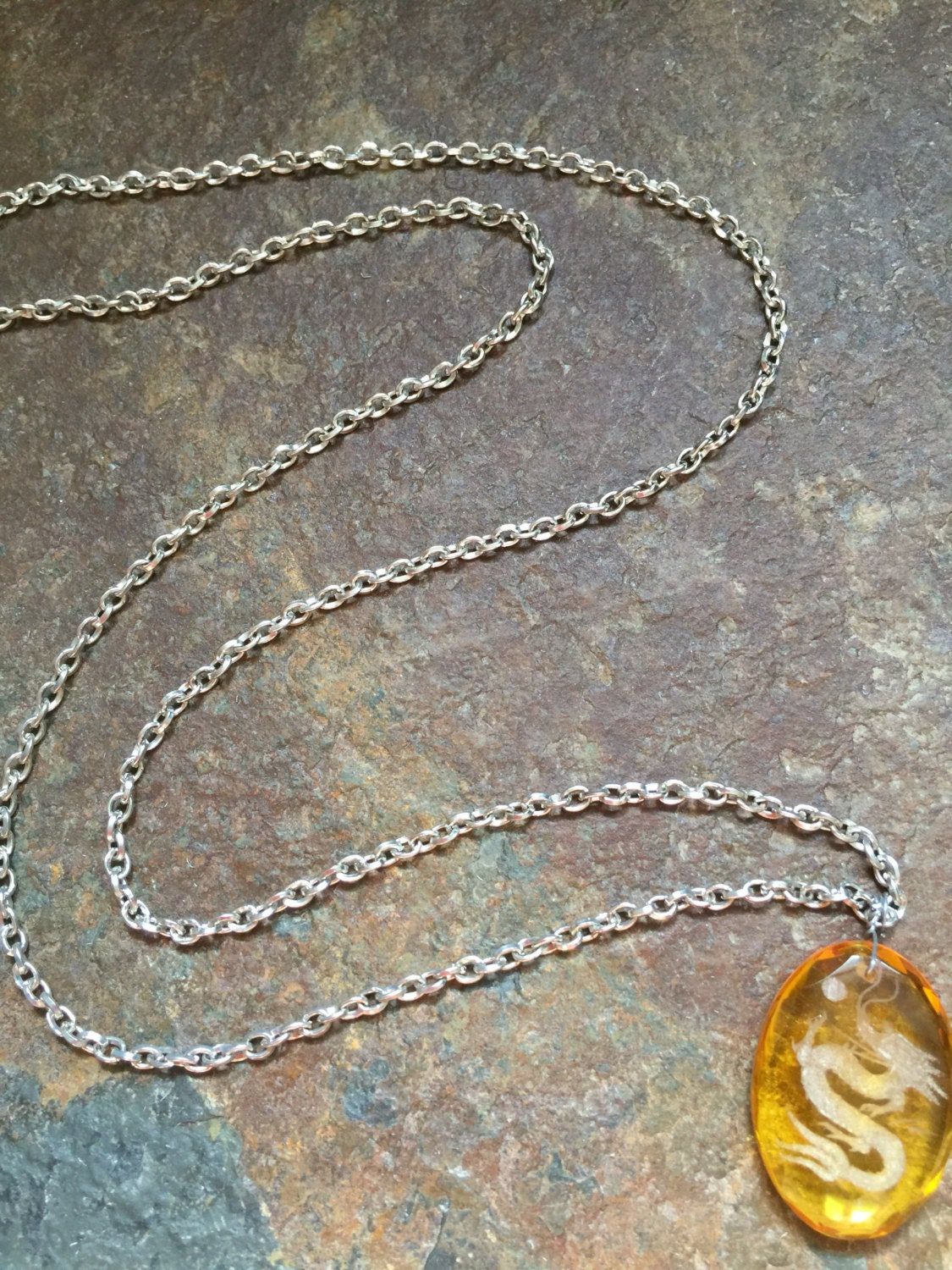 Engraved Dragon Yellow Glass Pendant, Silver Chain Necklace