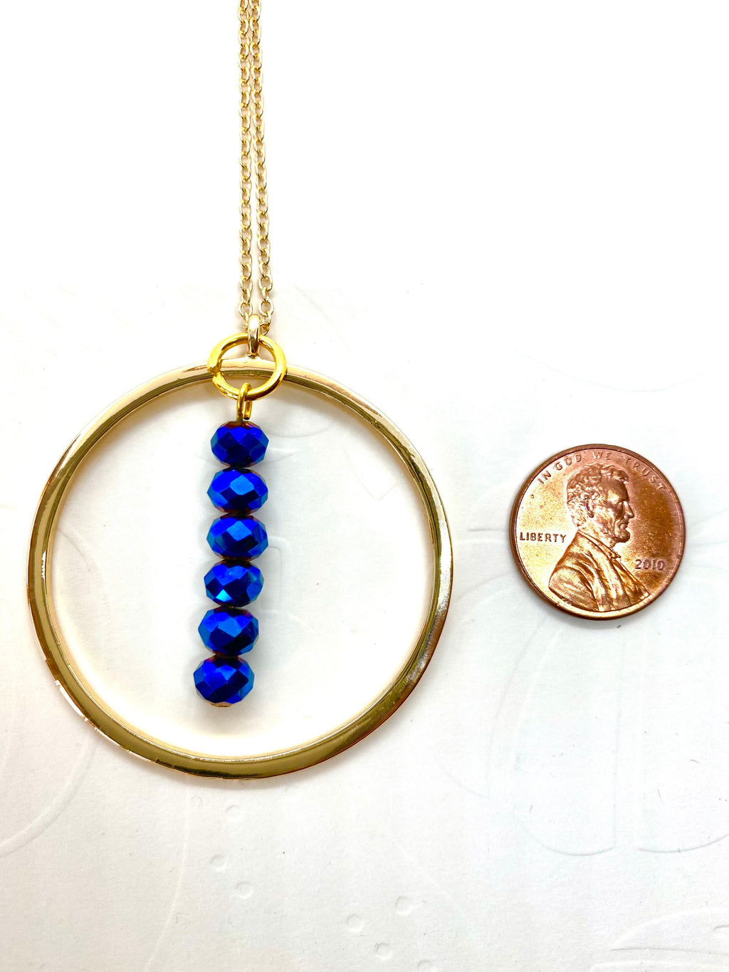 Electric Blue Beaded Pendant Necklace, Gold Plated Chain (30 inch)