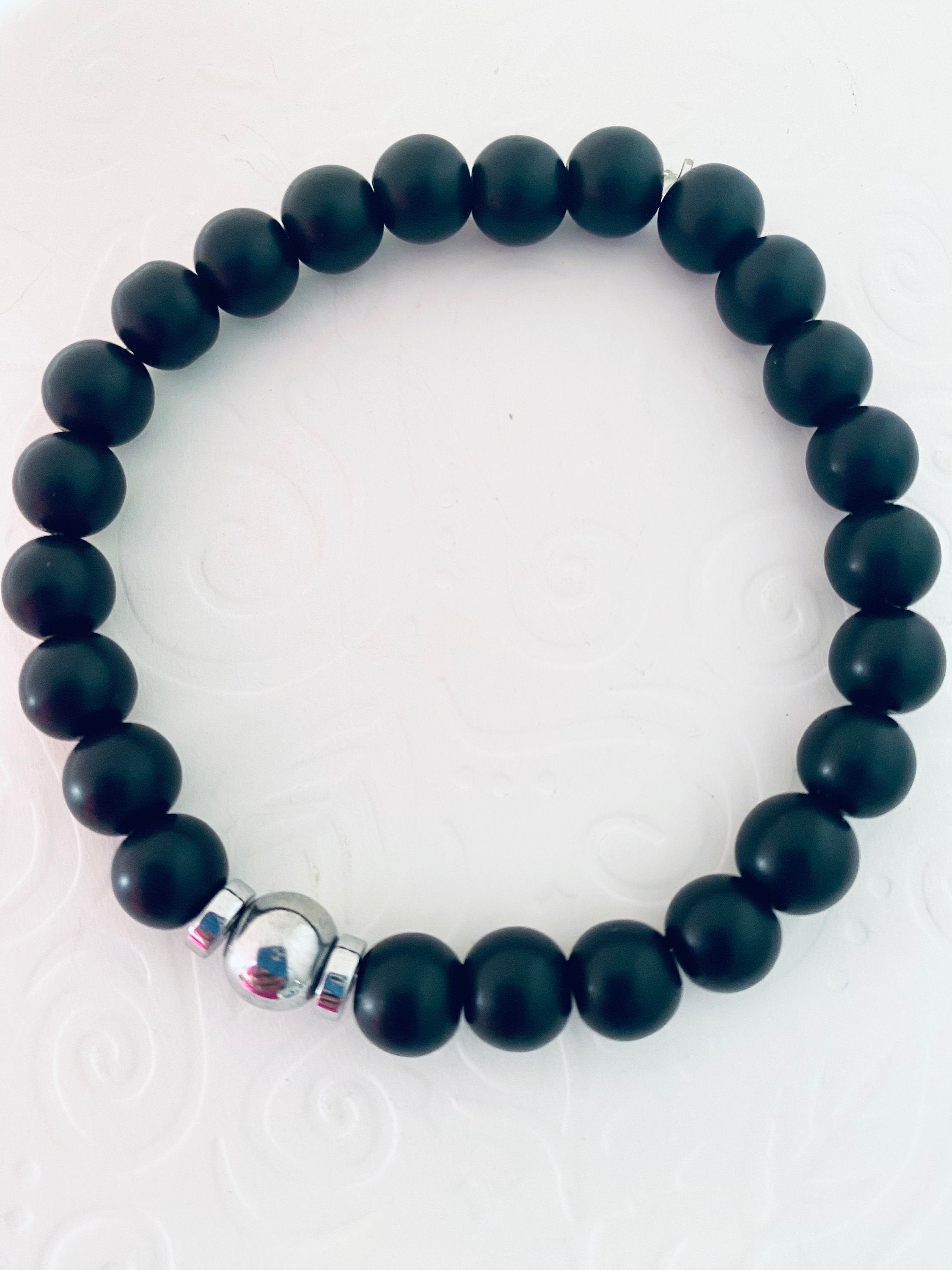 Matte Onyx Gemstone Bracelet, Silver Hematite Focal Bead, Unisex