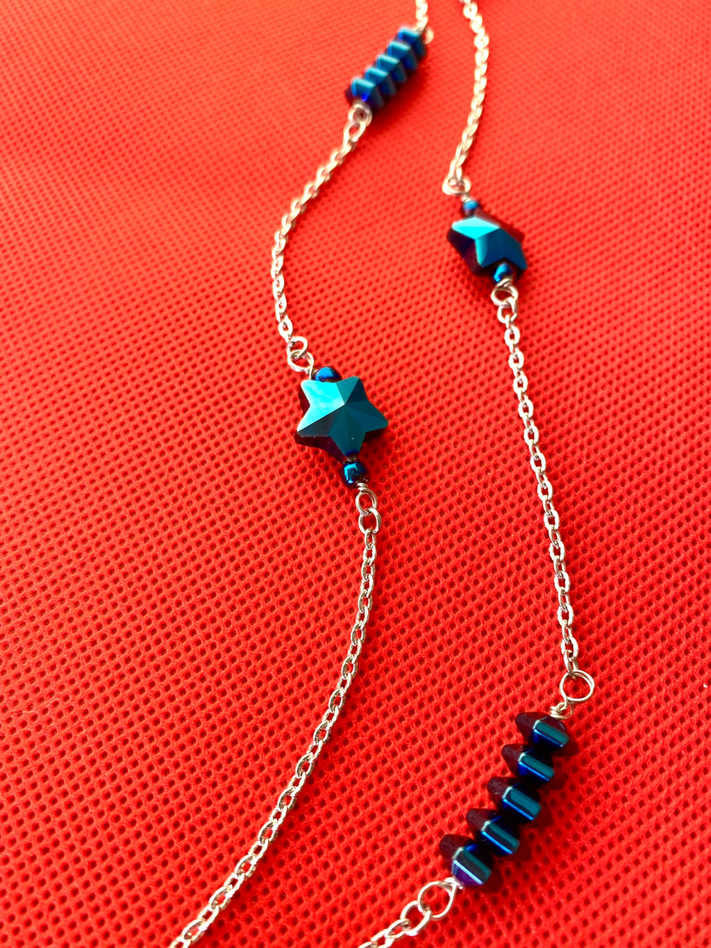 Handmade Blue Iridescent Star Necklace, Silver Chain, Patriotic Jewelry