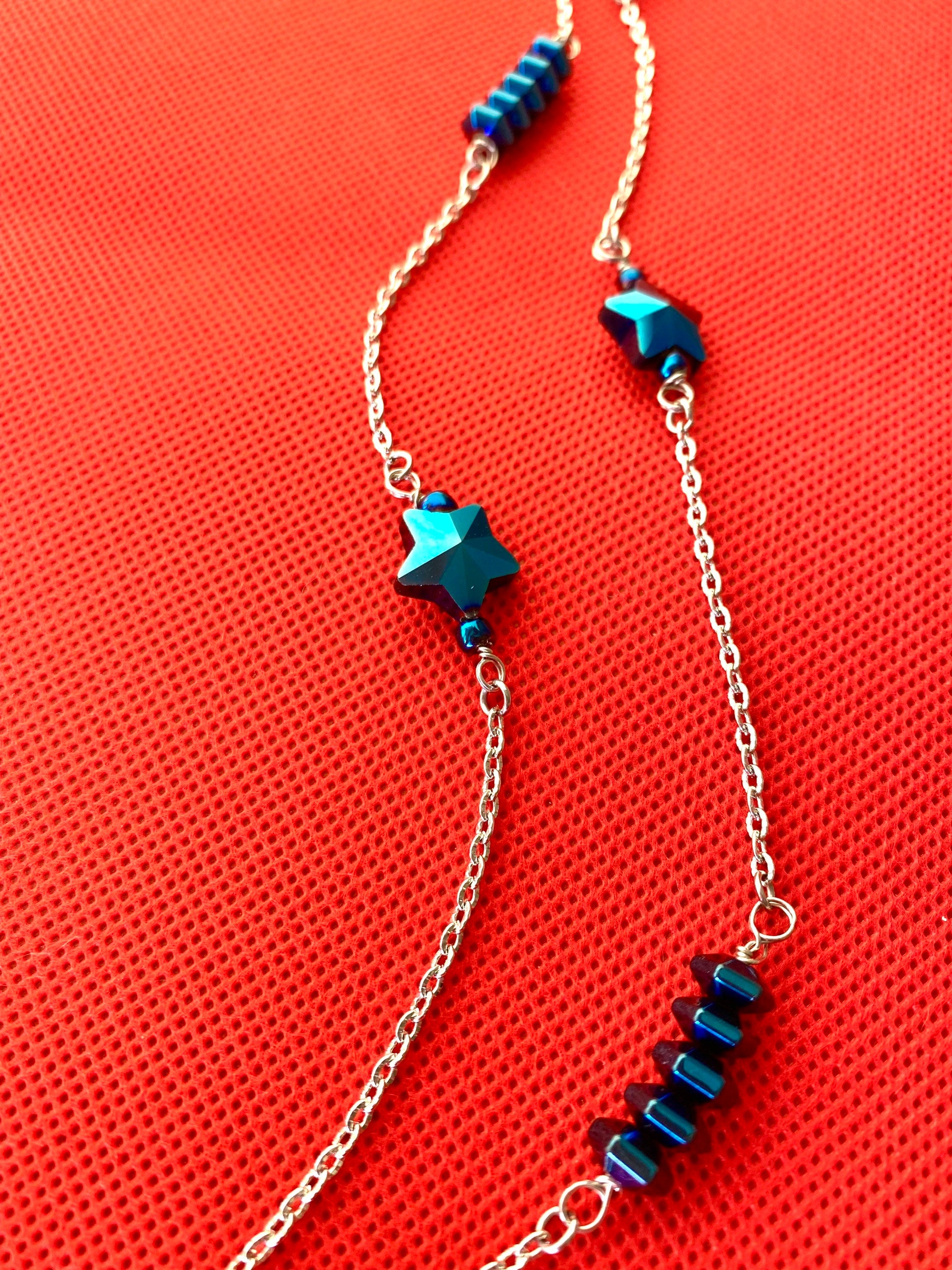 Handmade Blue Iridescent Star Necklace, Silver Chain, Patriotic Jewelry
