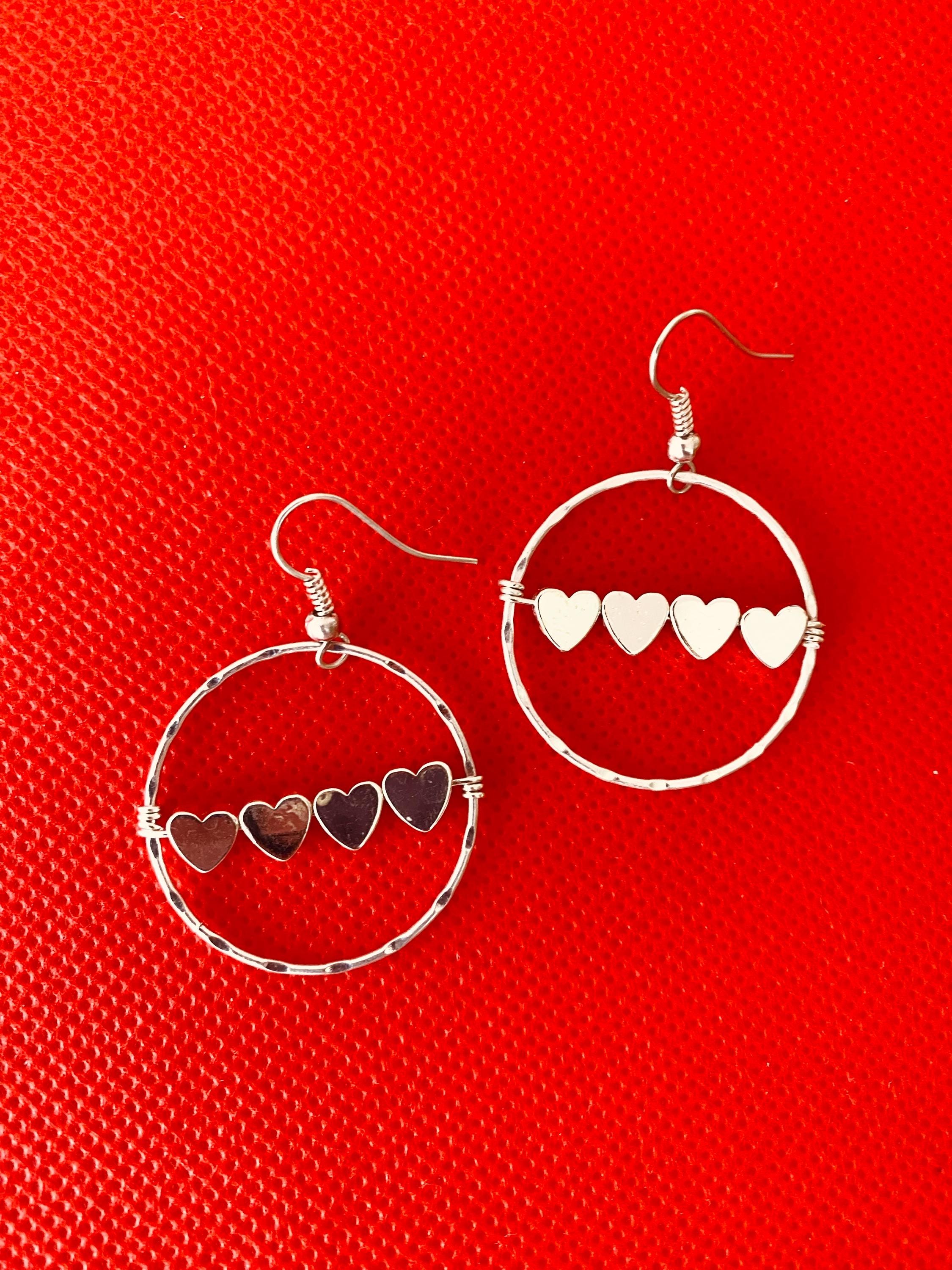 Red Glass Heart Earrings, Silver Plated Hook, Czech Crystals