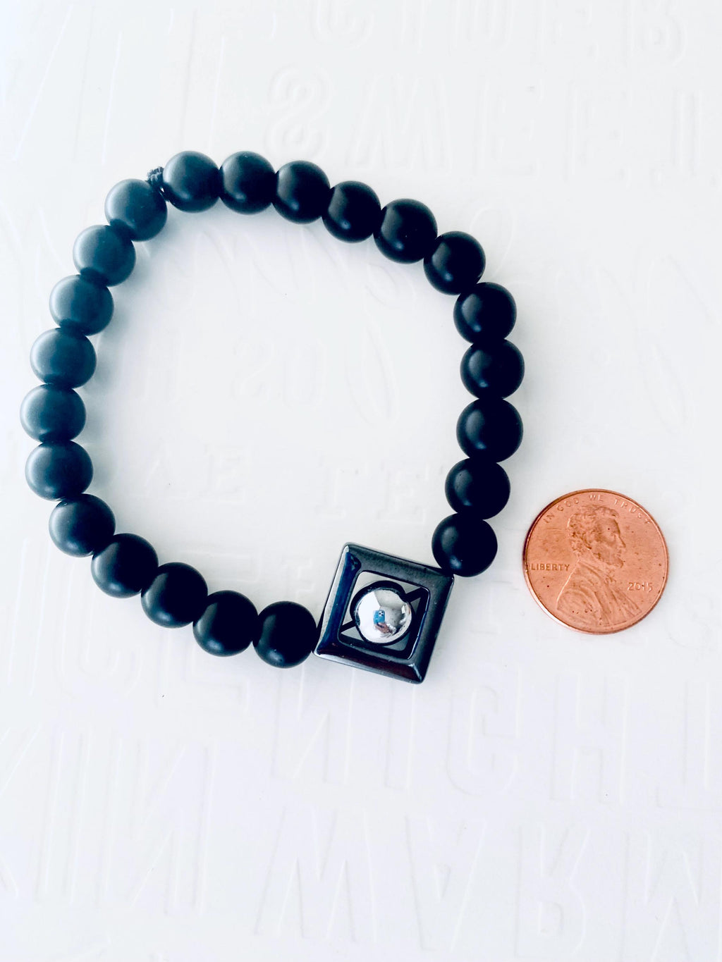 Onyx Gemstone Bracelet, Hematite Triangle Focal, Unisex Stretch