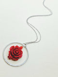Red Rose Circular Pendant Necklace, Silver Plated, 30 inch