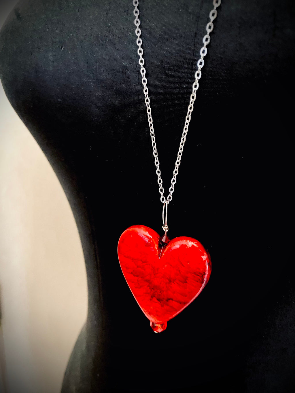 Red Glass Heart Pendant Necklace, Silver Plated Chain, Czech Crystals