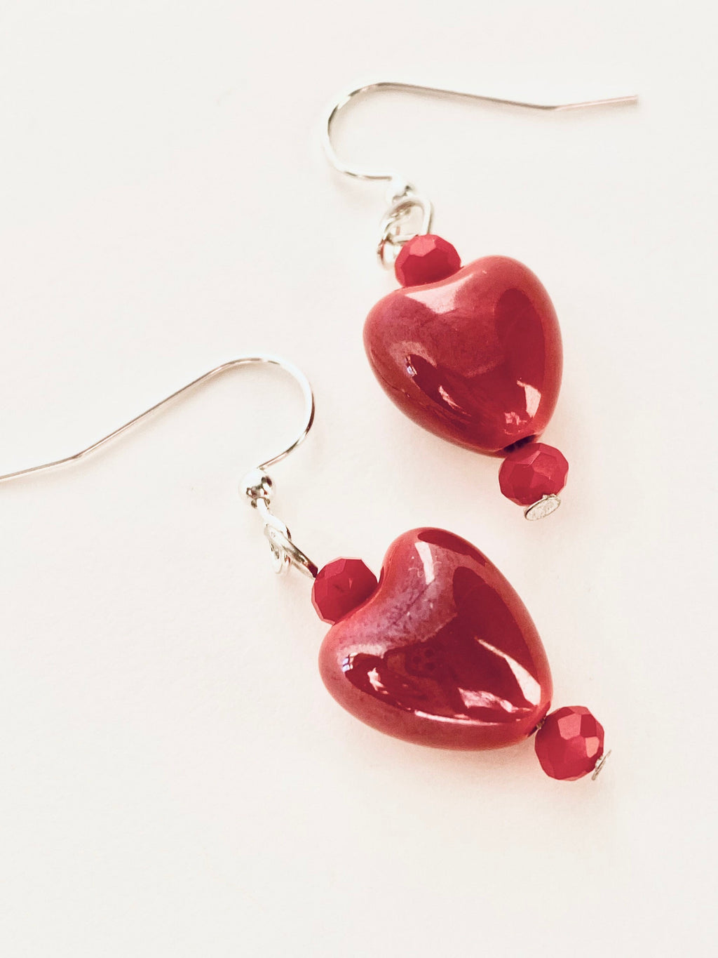 Red Glass Heart Earrings, Silver Plated Hooks, Czech Crystal Festive Jewelry