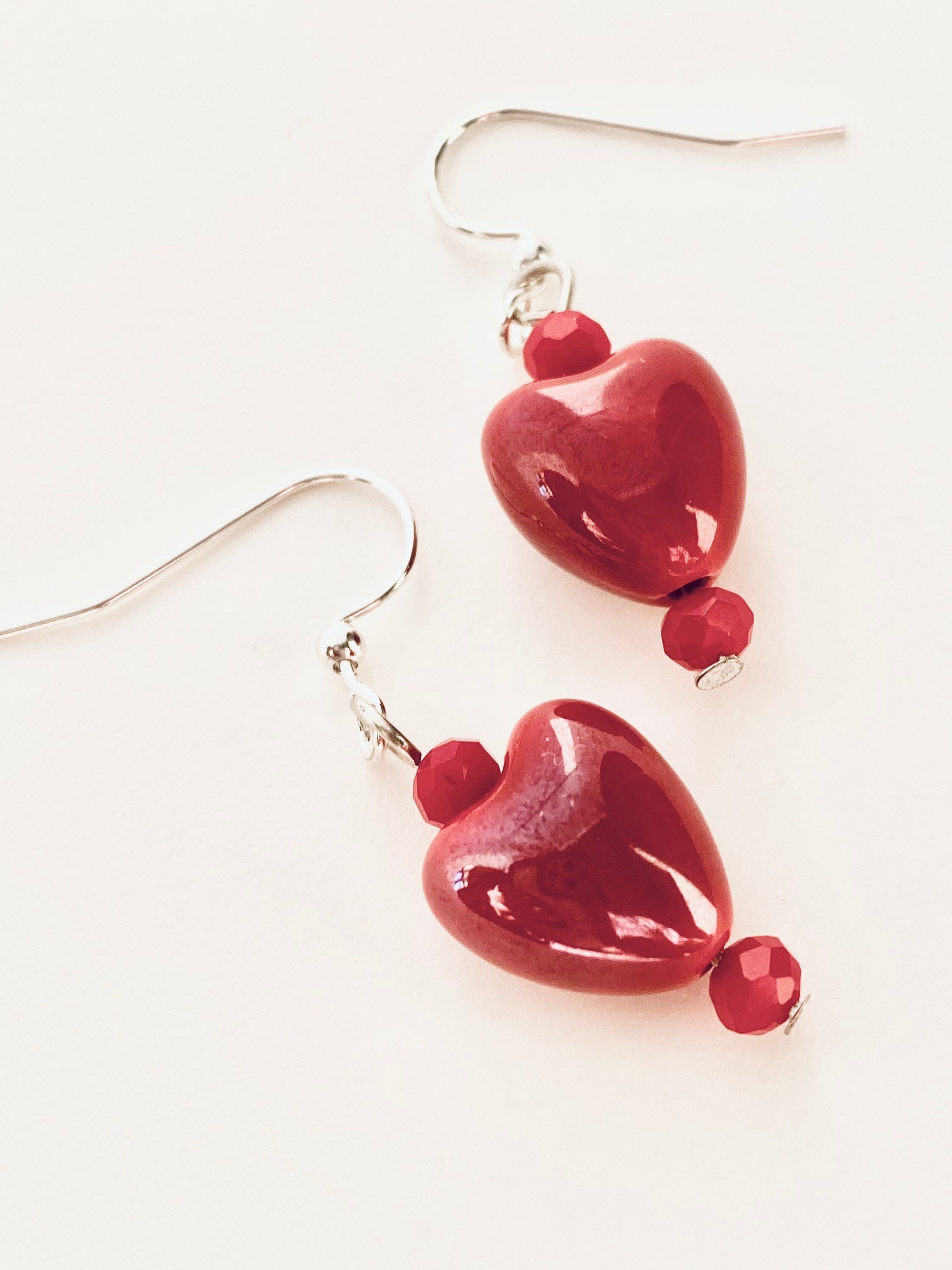 Red Glass Heart Earrings, Silver Plated Hooks, Czech Crystal Festive Jewelry
