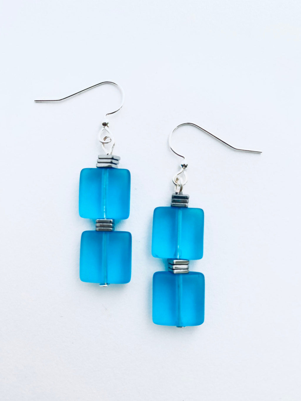 Blue Sea Glass Earrings, Silver Accents, Sleek Square Drop