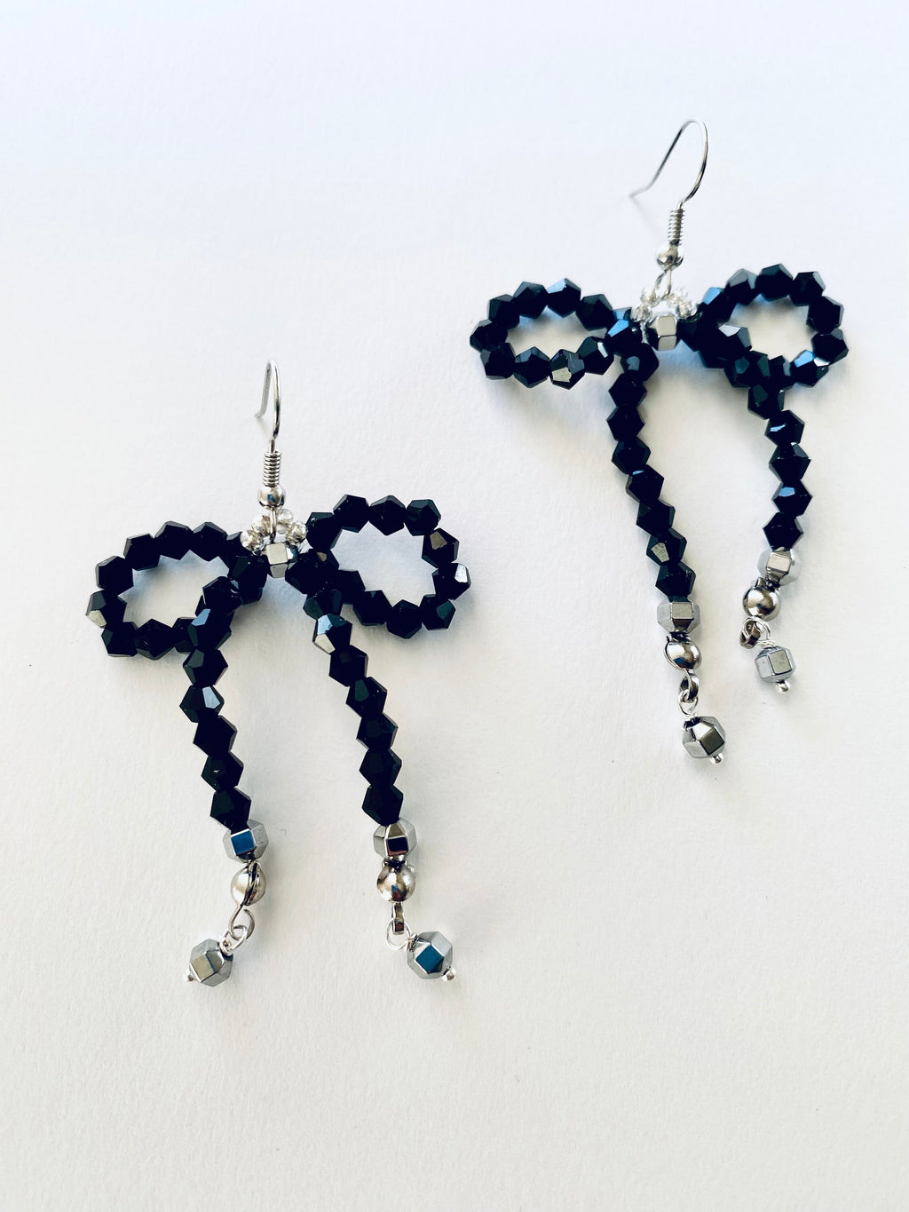 Black Crystal Bow Earrings, Silver Plated Hooks, Beaded Festive Jewelry