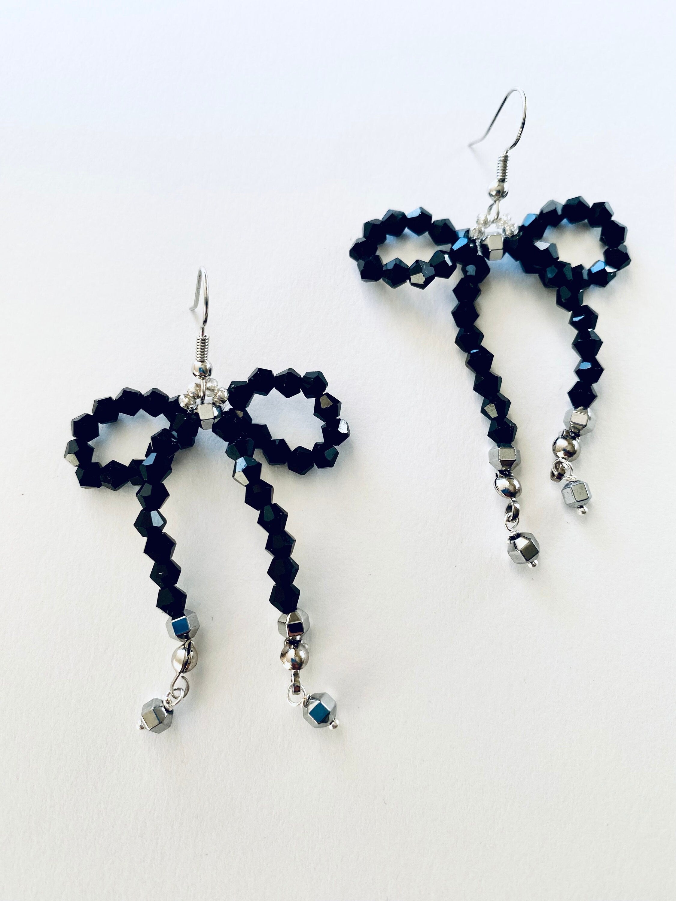 Black Crystal Bow Earrings, Silver Plated Hooks, Beaded Festive Jewelry