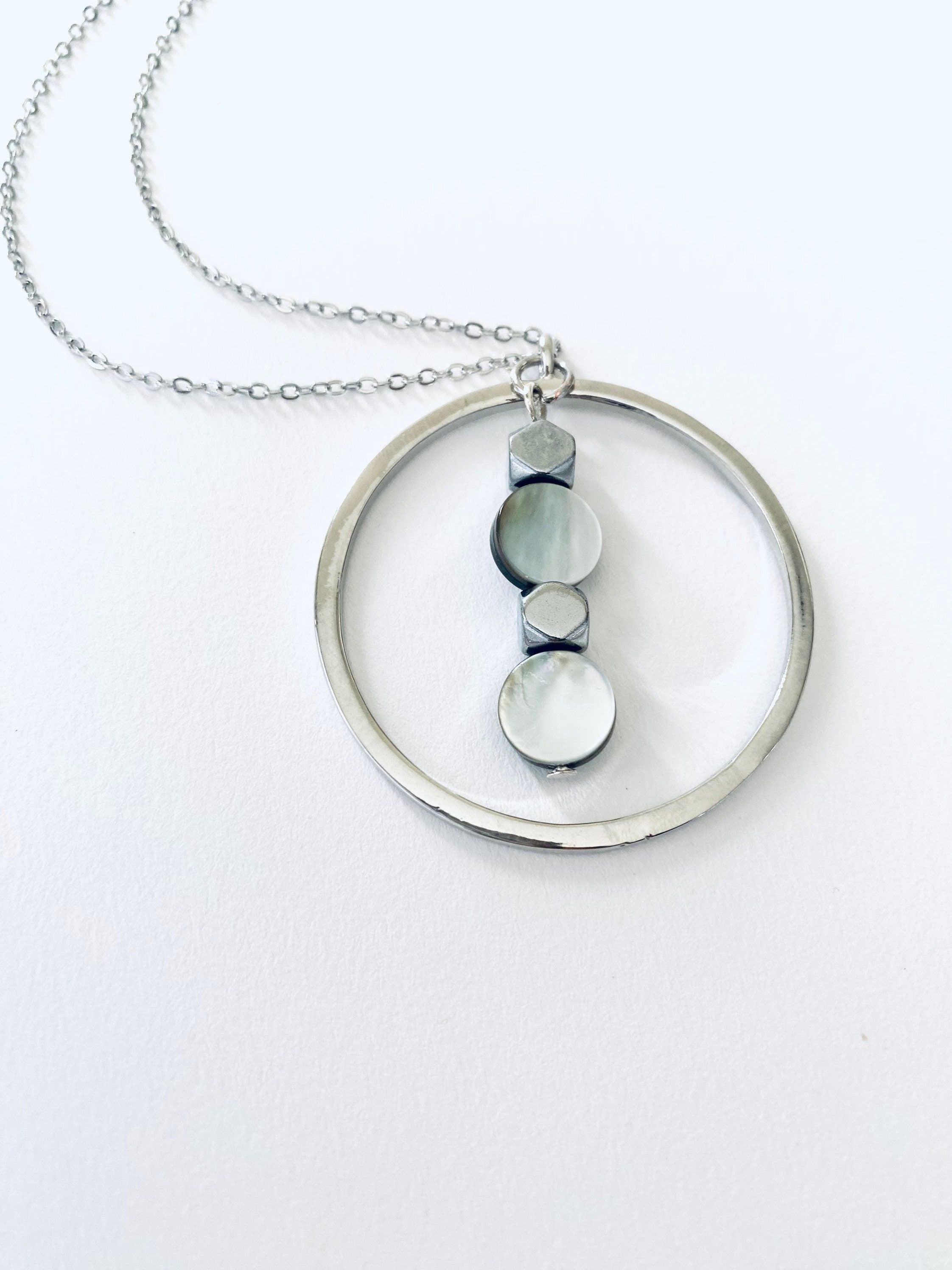 Iridescent Pearl Glass Pendant Necklace, Circular Silver Necklace, 30 inch