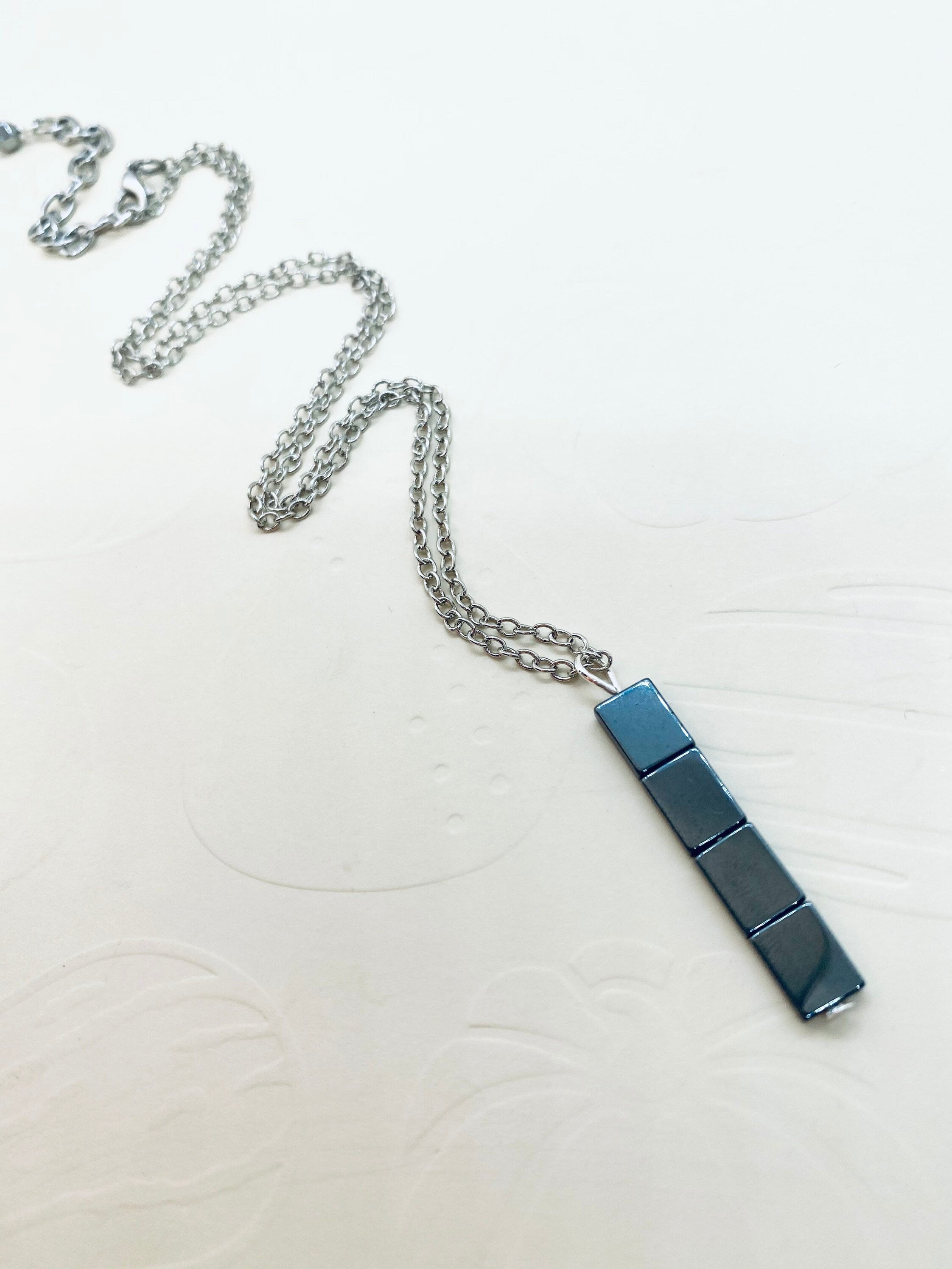 Hematite Bar Pendant Necklace, Gunmetal & Silver Plated Chain