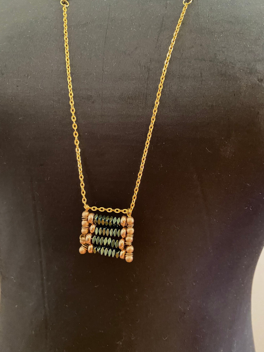 Rectangular Beaded Pendant Necklace, Green and Matte Gold, 30 inch
