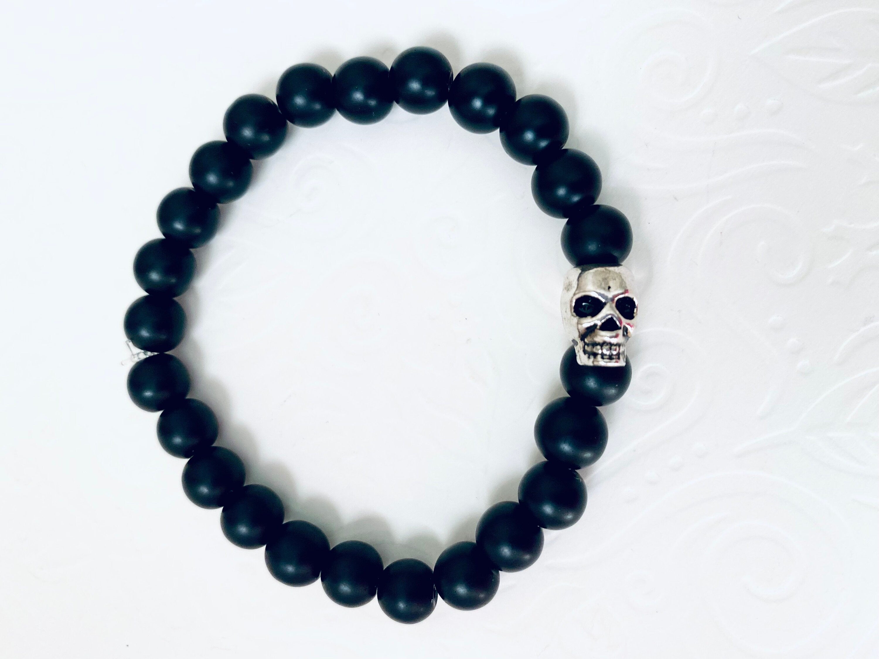 Day of the Dead, Onyx Bracelet, silver skeleton, matte onyx bracelet, unisex stretch bracelet, Gemstone with meaning, great gifts
