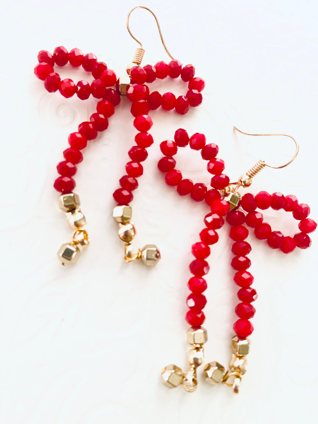 Red Crystal Bow Earrings, Gold Plated Hooks, Handmade