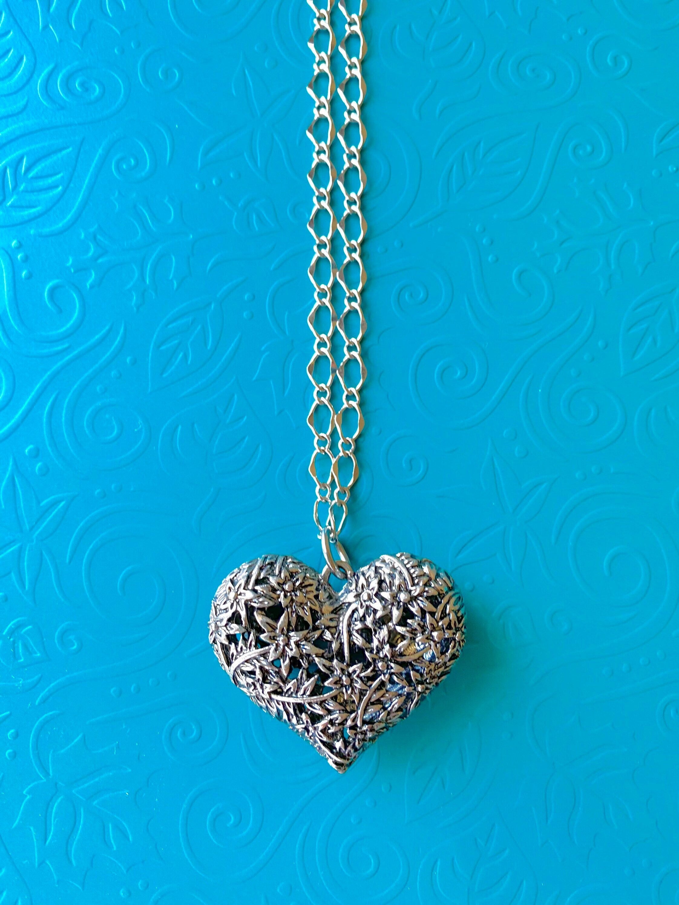 Flower Filigree Heart Pendant Necklace, Silver Plated Chain