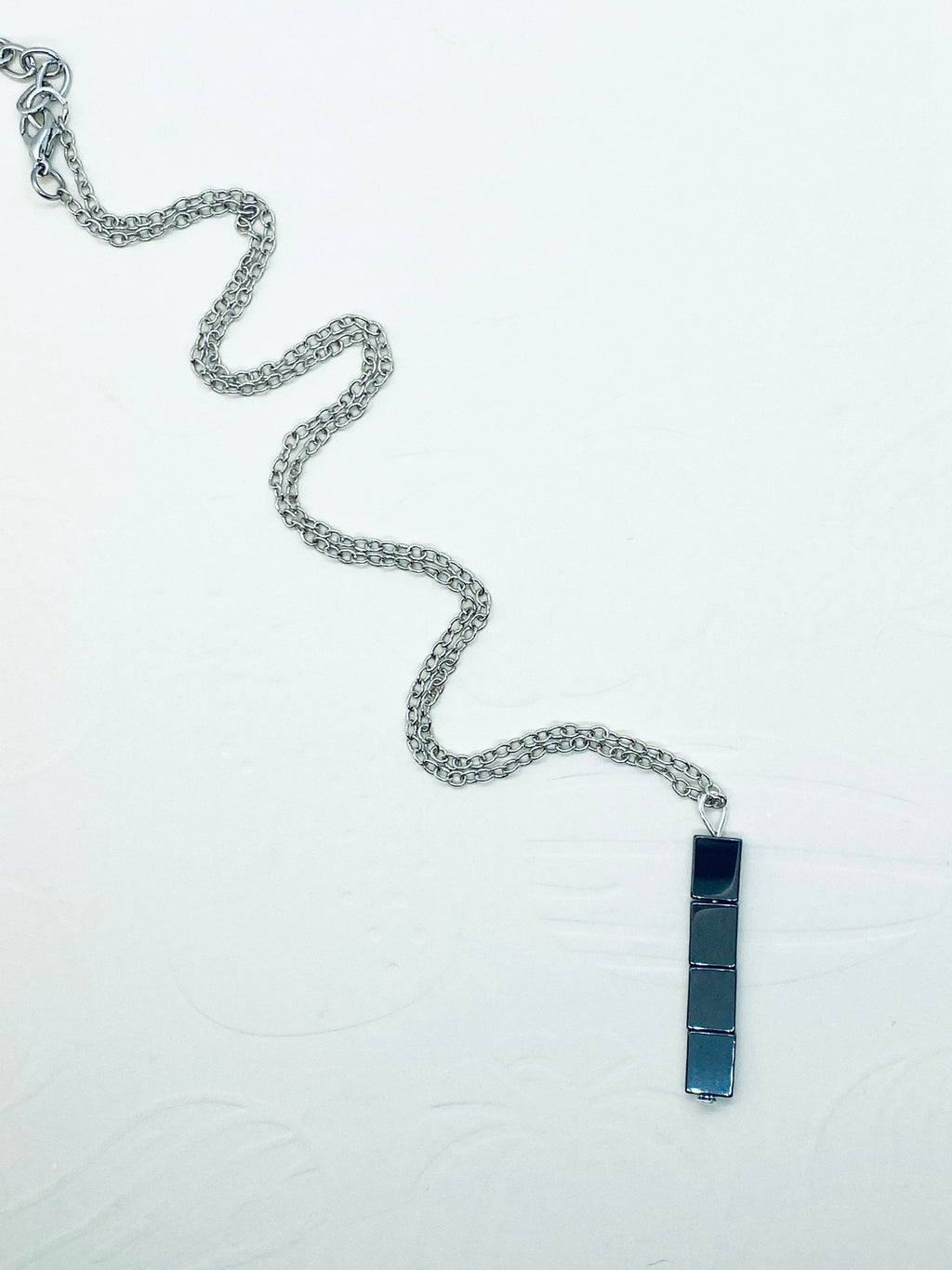 Hematite Bar Pendant Necklace, Gunmetal & Silver Plated Chain