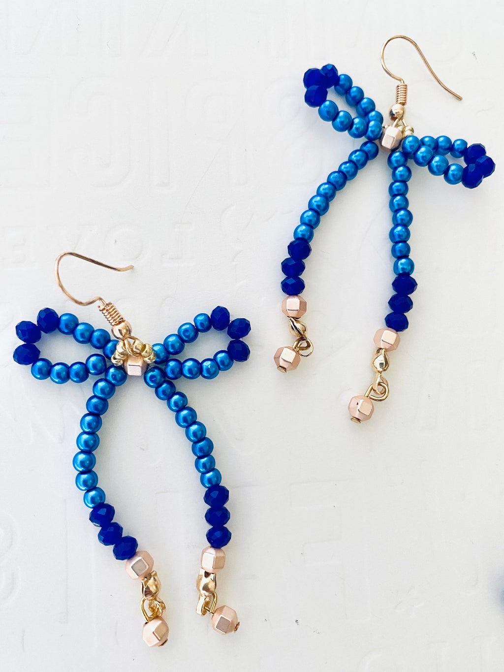 Handmade Beaded Bow Earrings, Crystal Royal Blue, Gold Hook