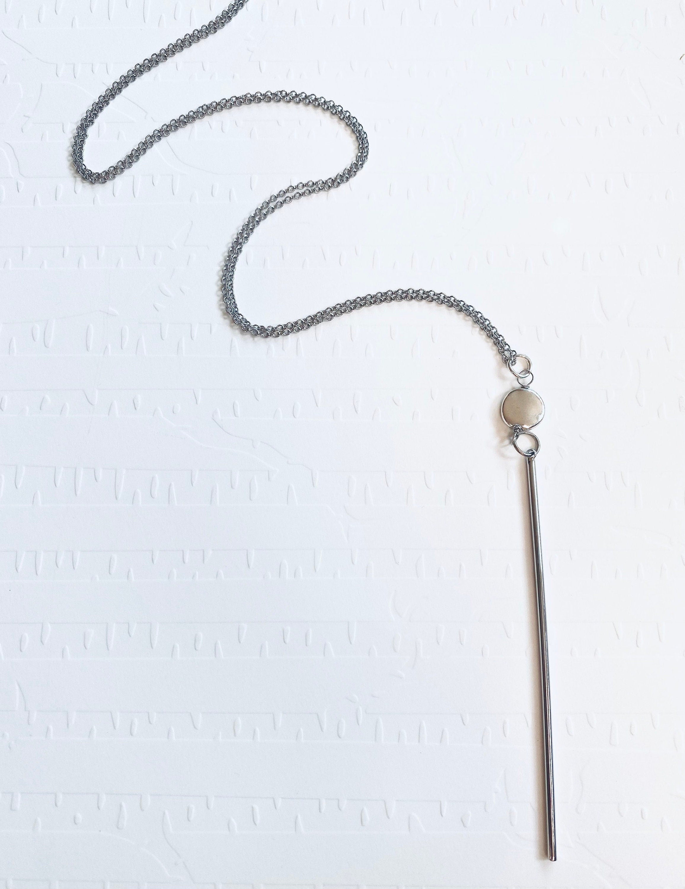 Silver Bar Pendant Necklace, Long Cable Chain, Bead Accent