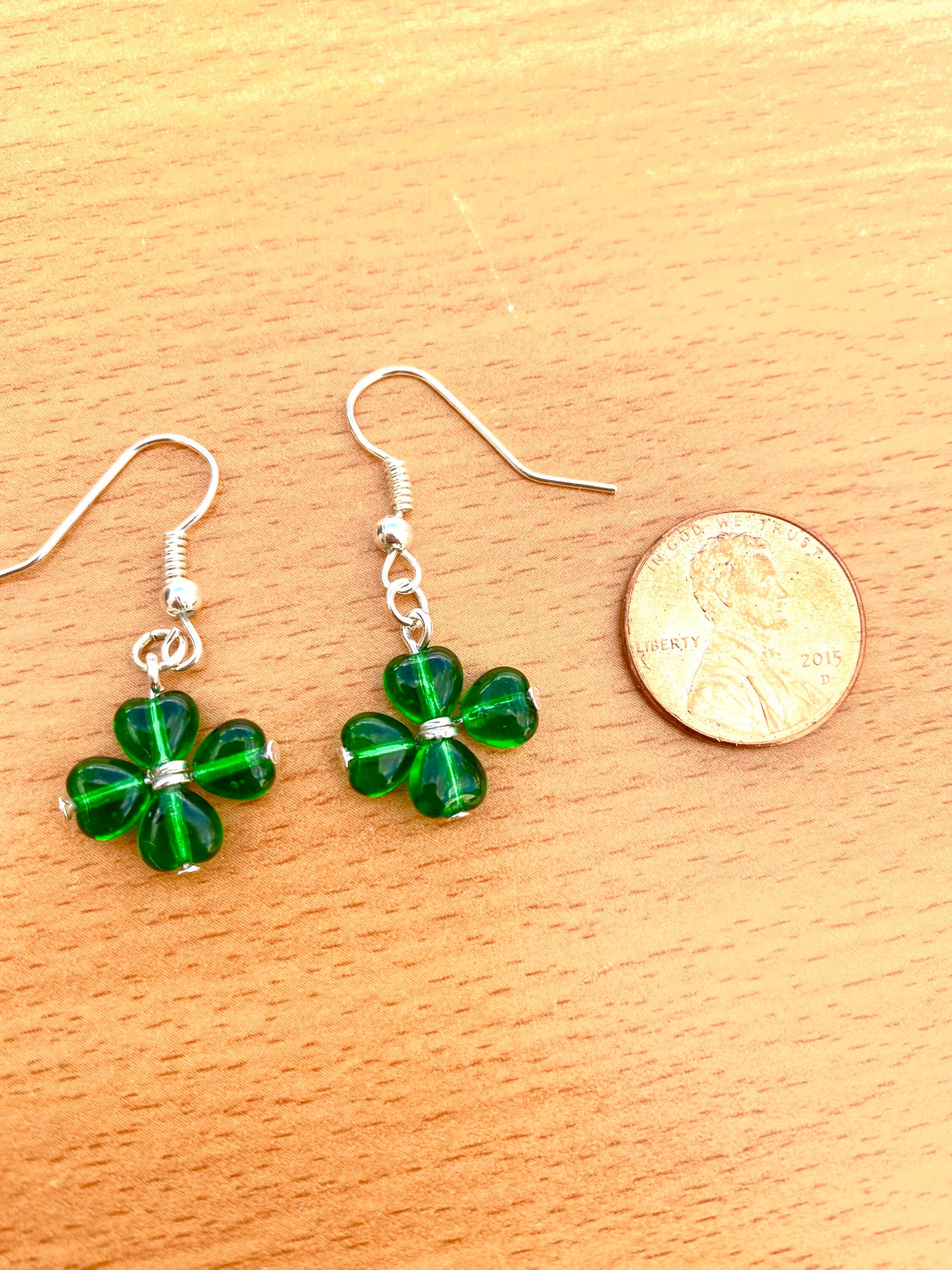 St. Patrick's Day Clover Earrings, Green Heart Beads, Irish Gift