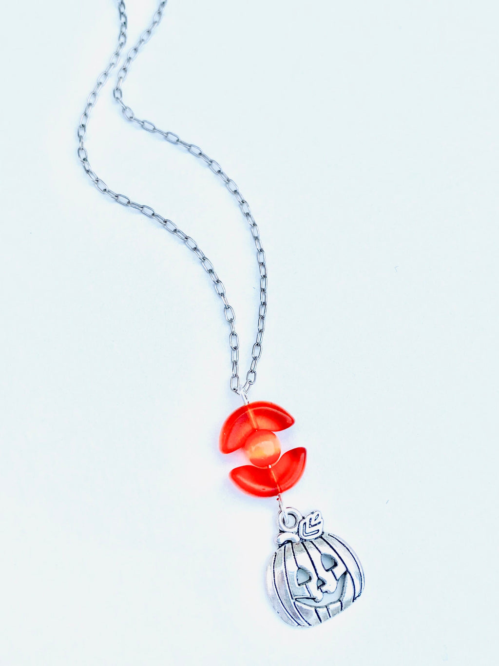 Festive Halloween Pumpkin Pendant Necklace, Orange Beads, Silver Plated Chain