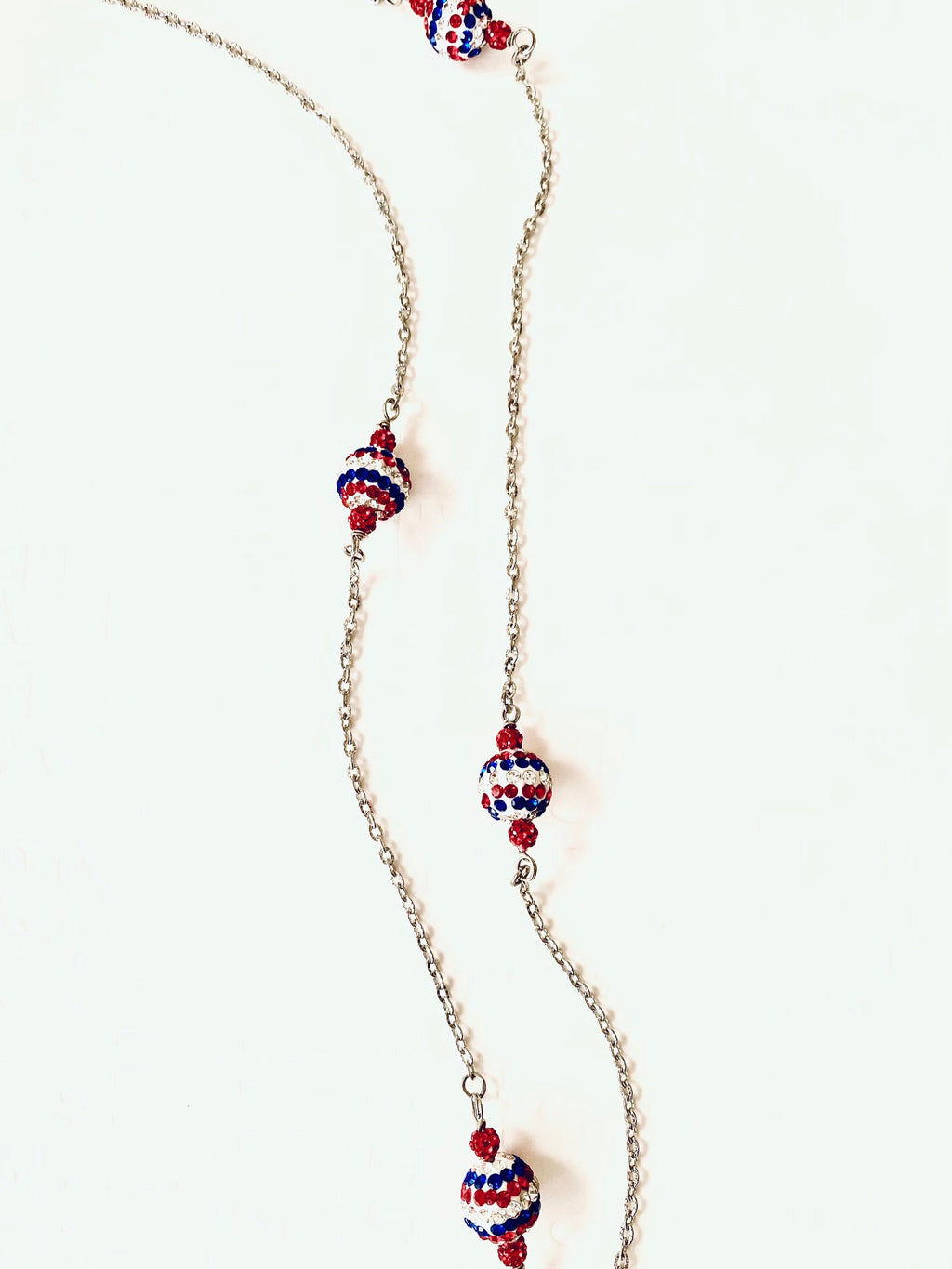 Handmade 4th of July Rhinestone Necklace, Red White and Blue Silver Chain