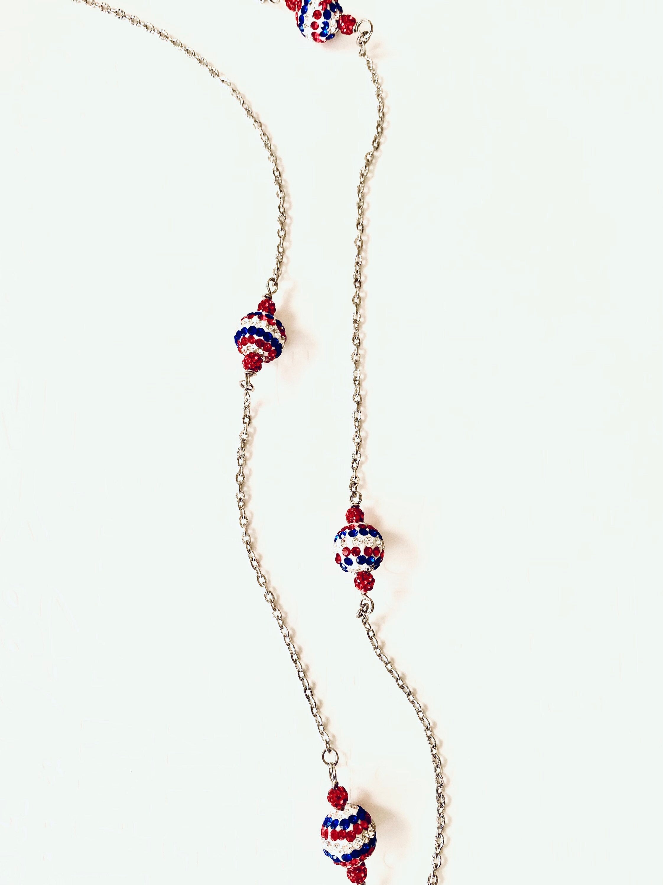 Handmade 4th of July Rhinestone Necklace, Red White and Blue Silver Chain