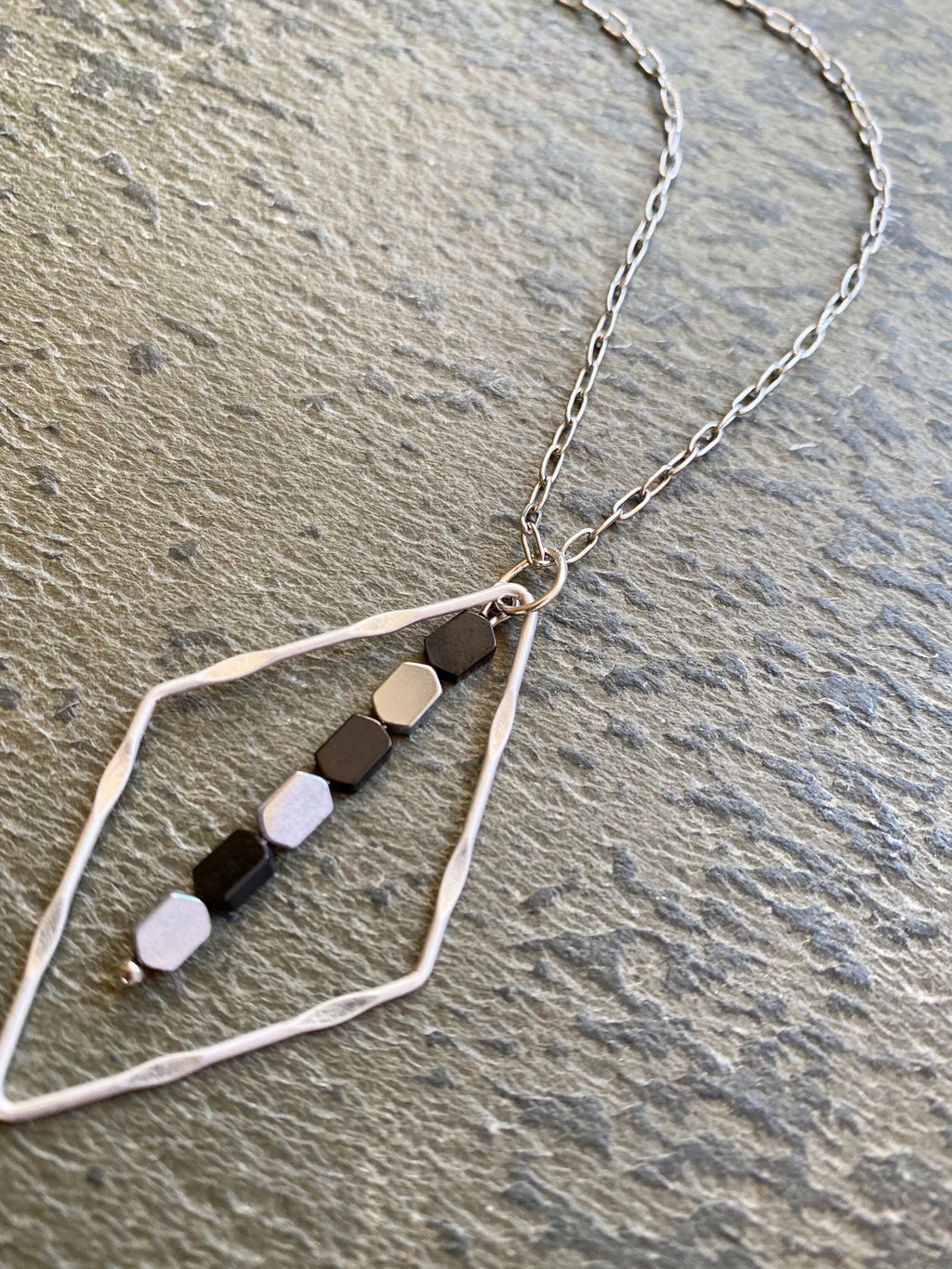 Dainty Silver Diamond Necklace, Black Hematite Beads, Two Tone