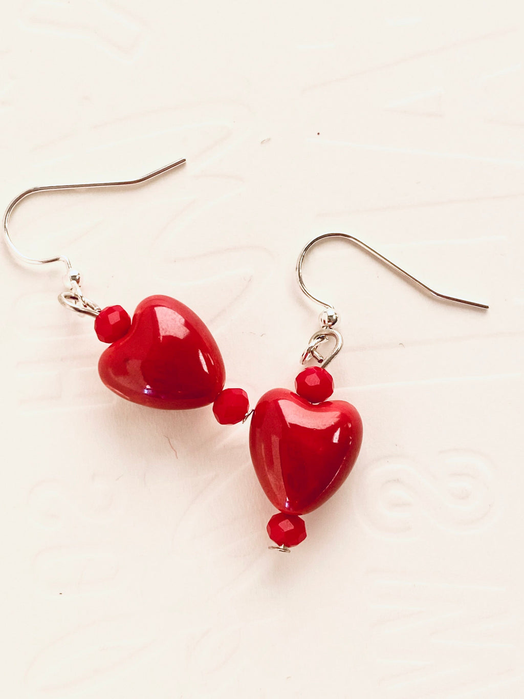 Red Glass Heart Earrings, Silver Plated Hooks, Czech Crystal Festive Jewelry