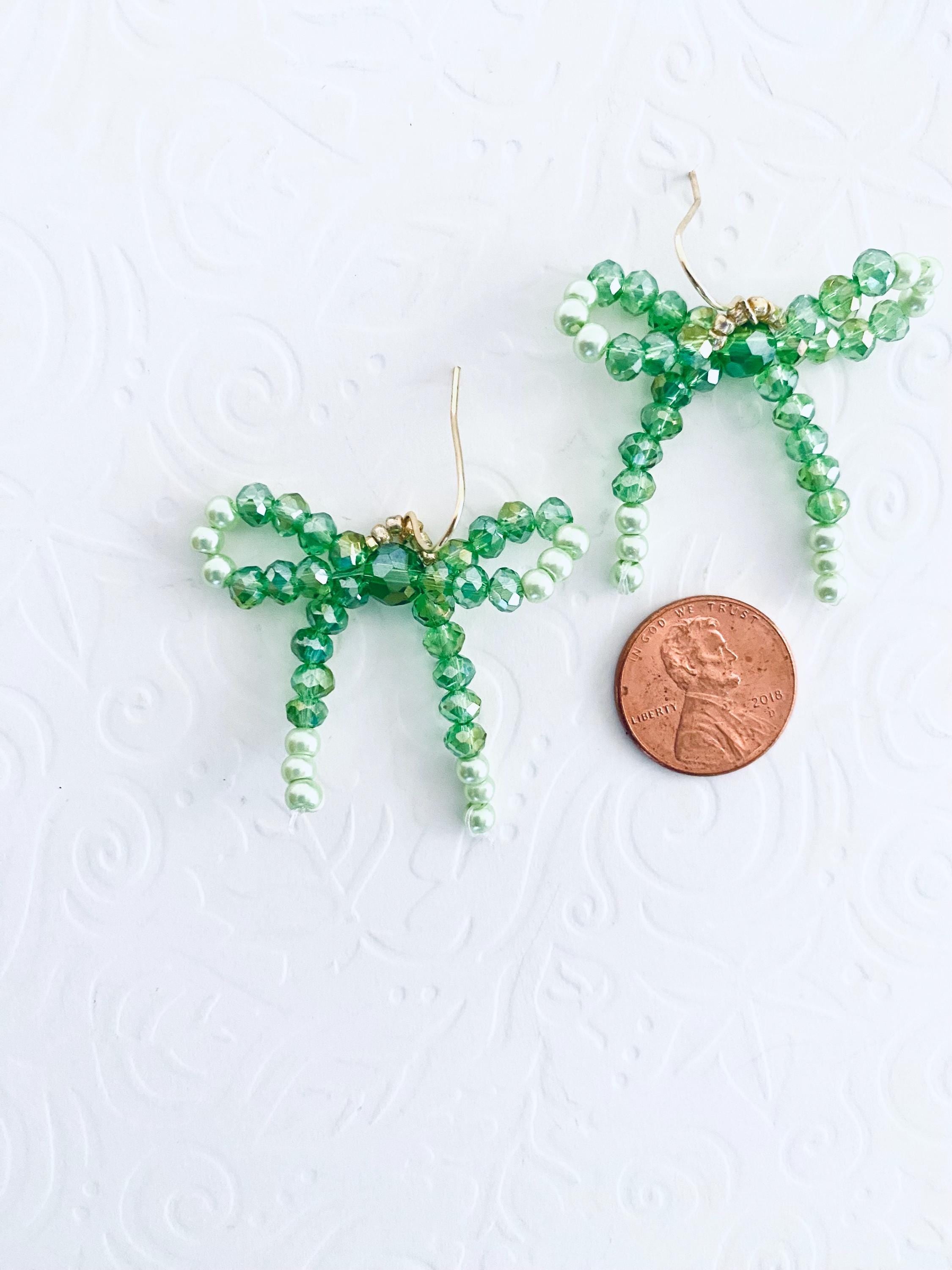 Handmade Green Crystal Bow Earrings, Beaded Dangle Earrings
