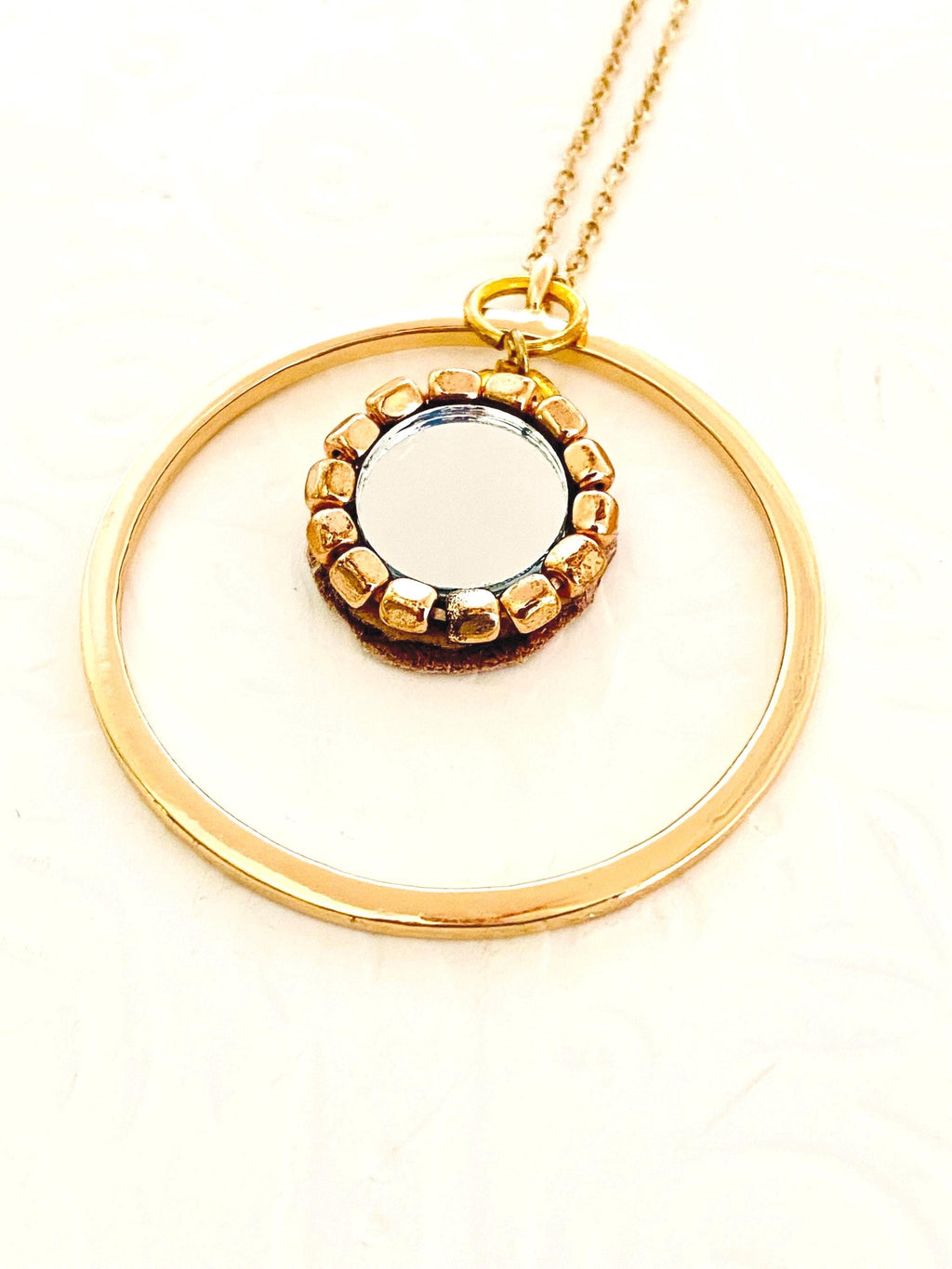 Mirror Pendant Necklace, 30" Gold Plated Circular Necklace